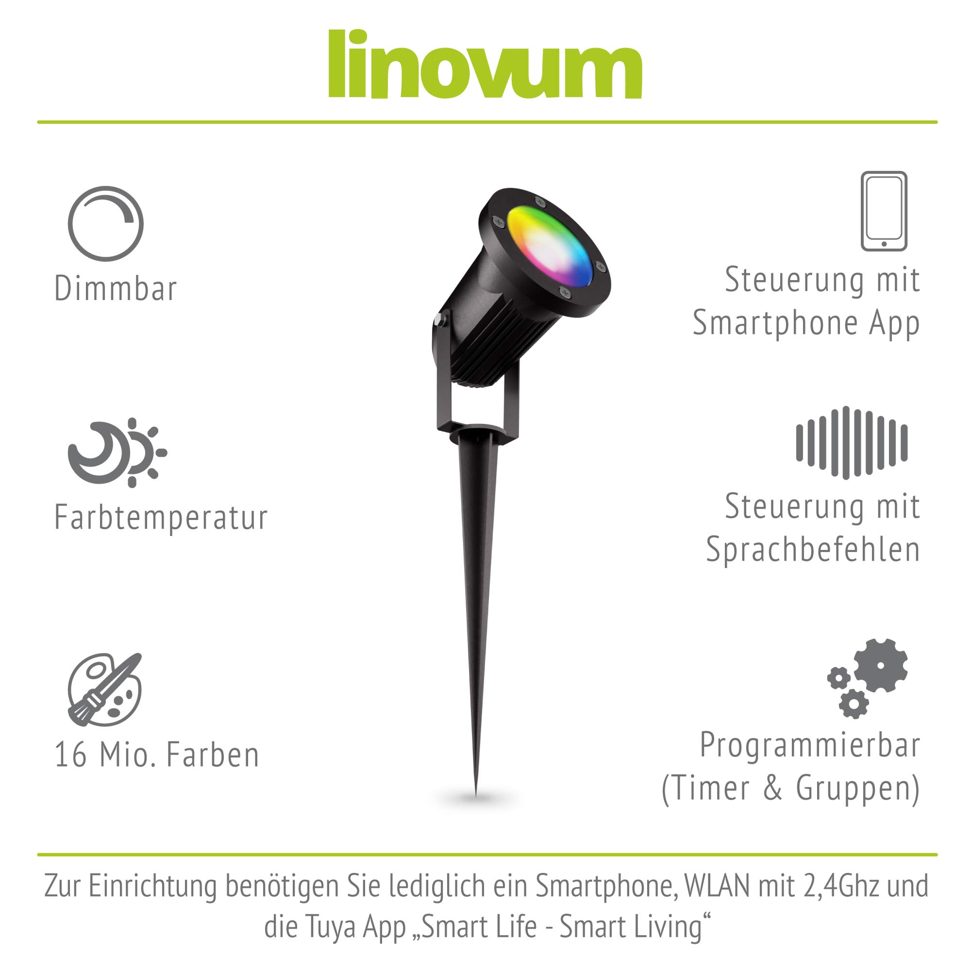 linovum CARI Gartenstrahler 3er Set Erdspieß Smart GU10 WLAN RGBW IP65 2m | Drei Erdspießstrahler mit Smart-Licht - per App steuerbar, RGB-Farblicht, für Beete & Terrasse, 2m Kabel, IP65, inkl. LED