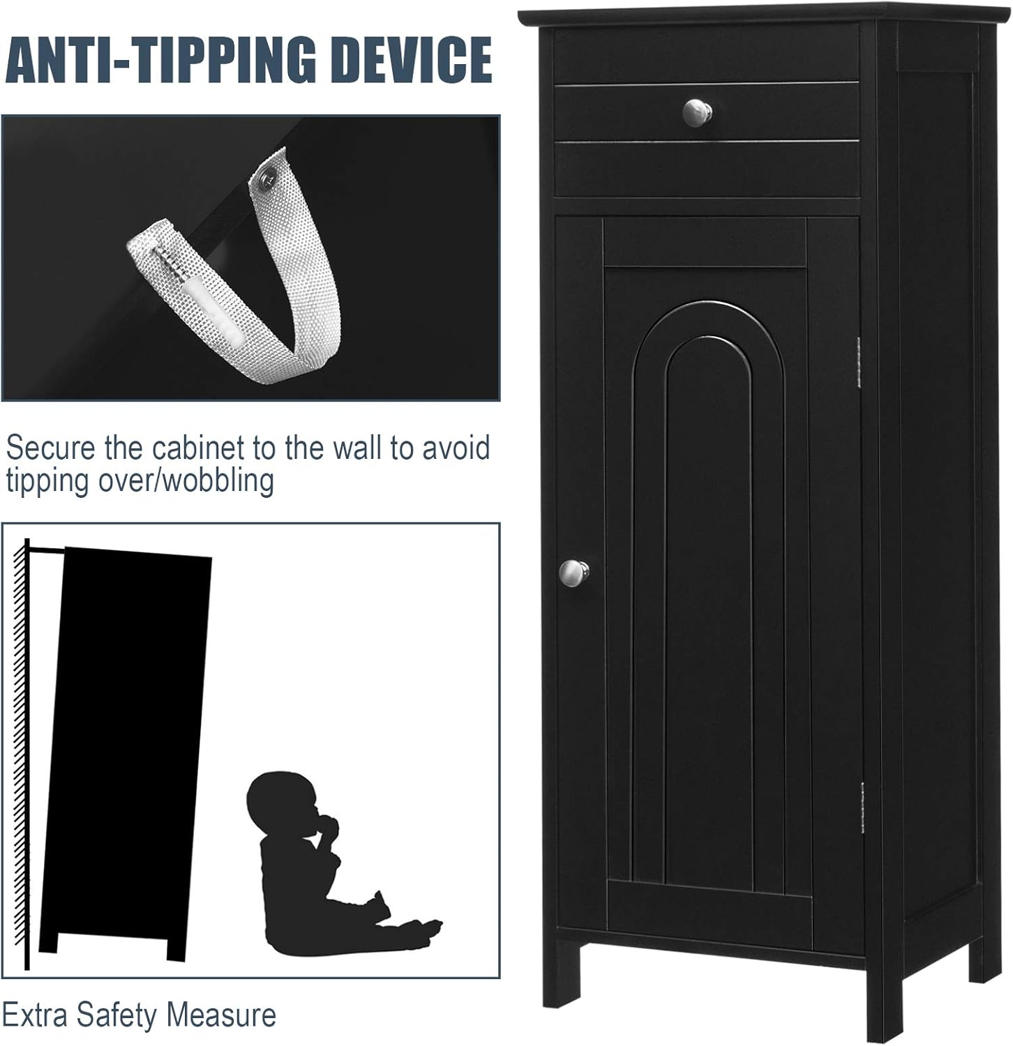 MAT EXPERT Small Bathroom Storage Cabinet, Bathroom Floor Cabinet w/Drawer & Adjustable Shelves, Single Door, Modern Small Cabinet for Entryway, Living Room, Office (Black)