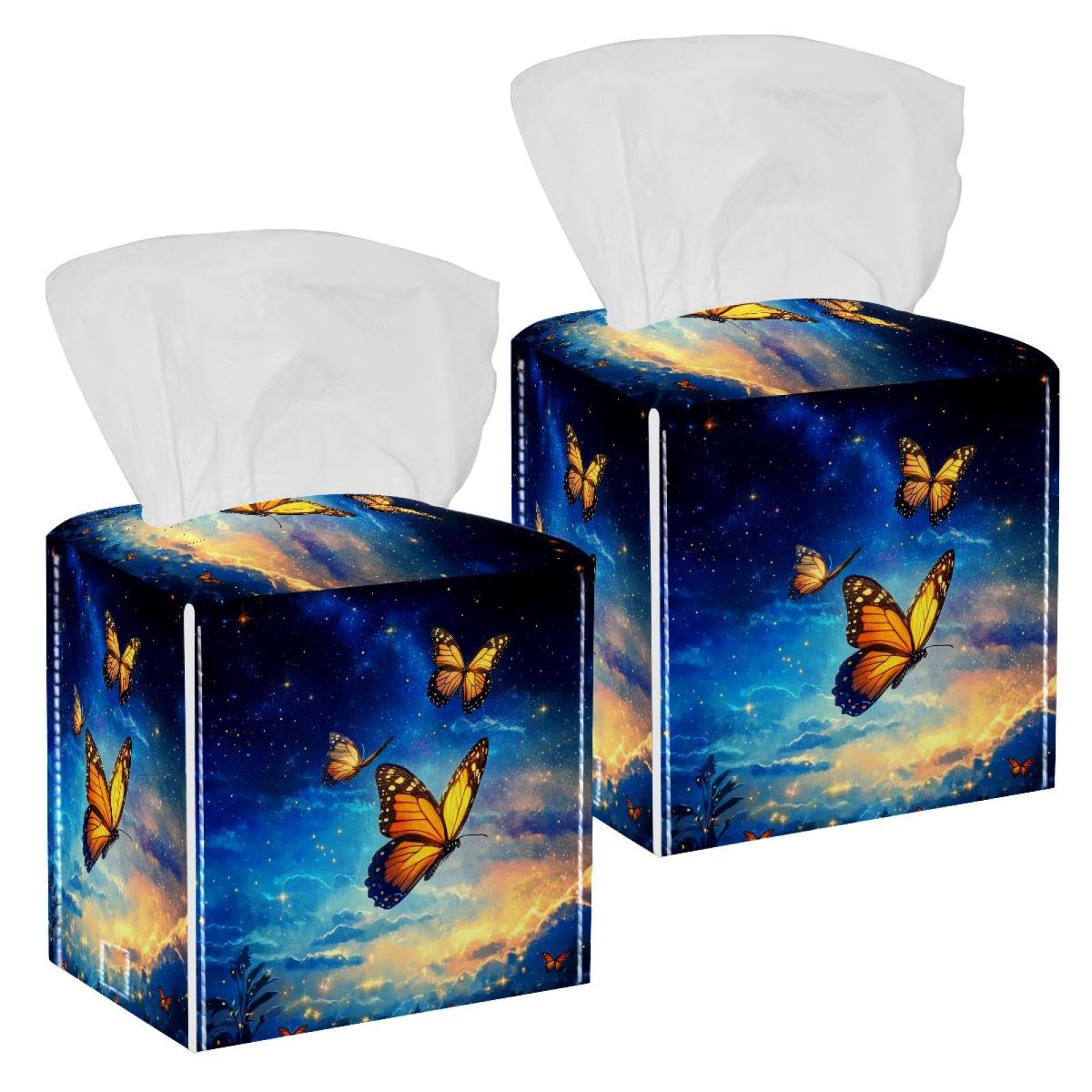 Starry Sky Butterfly Tissue Box Cover, 2 Pack PU Leather Square Facial Tissue Dispenser Box holder for Home Office Car