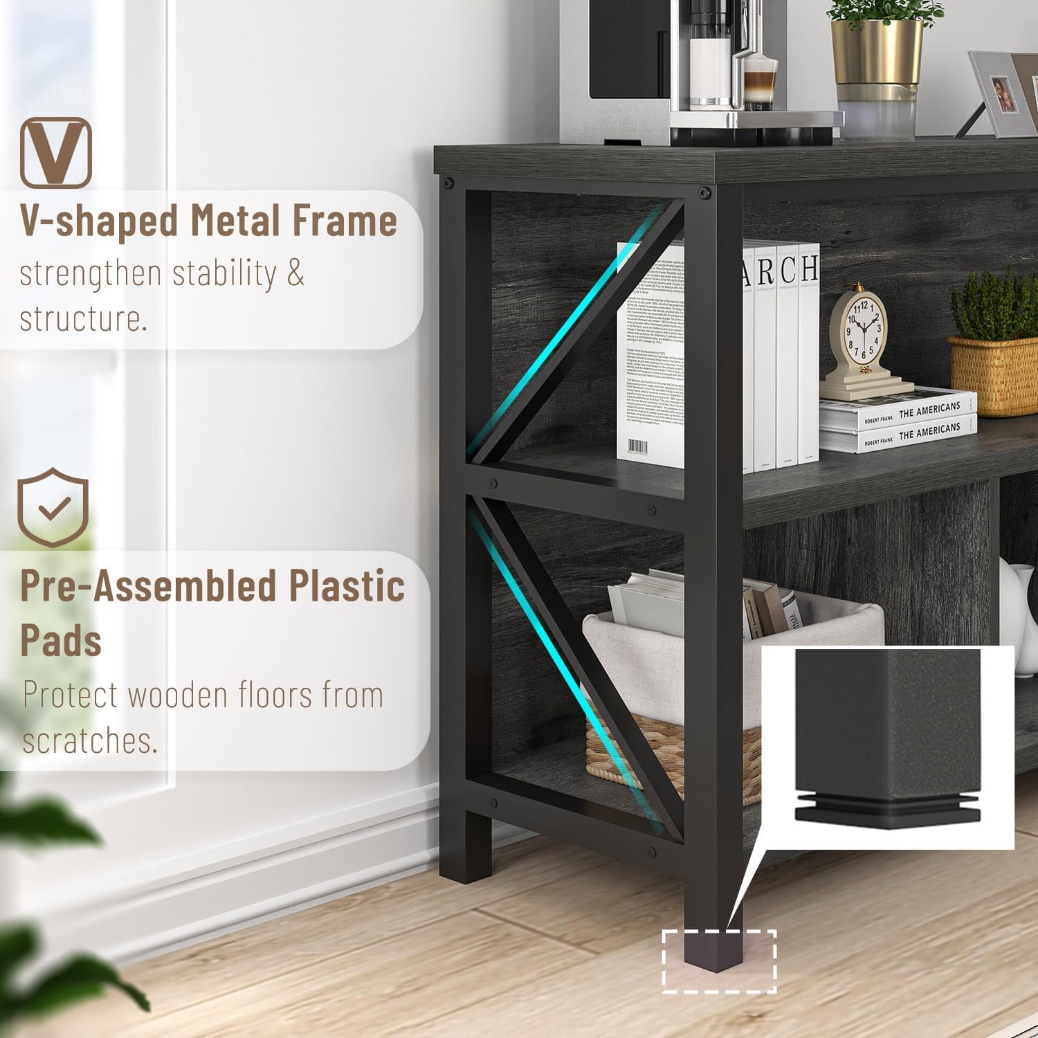 EXCEFUR Modern Horizontal Bookshelf, Industrial Metal & Wood Bookcase for Display, Wide 4 Cube Storage Organizer for Home Office Living Room, Low Book Shelf, 47 Inch, Grey