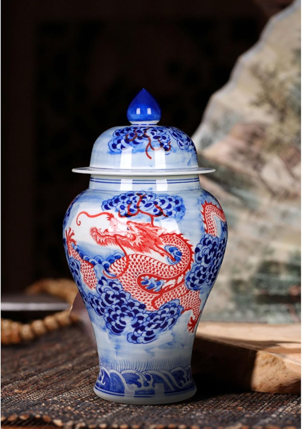 Jingdezhen Ceramic Ginger Jar with Lid Dragon Blue & White Porcelain Temple Jar Chinoiserie Decorative Vase for Shelf,