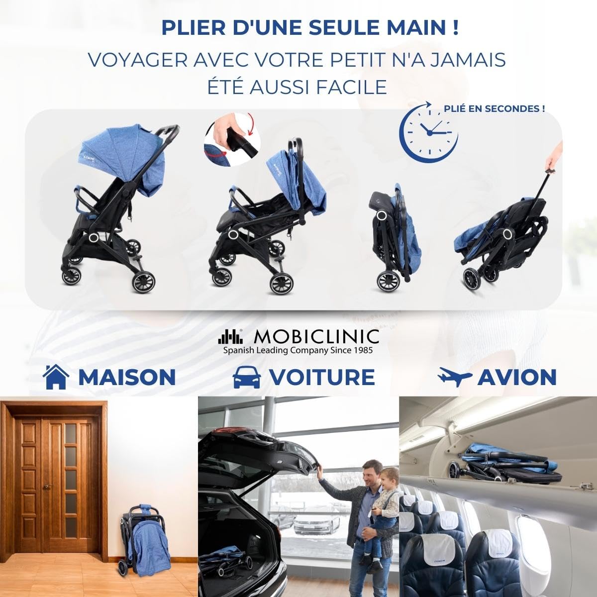 Mobiclinic® kids, Poussette, Ultra-compacte, Trip, Harnais 5 points, Barre de portage, Panier, 0-36 mois, Entièrement réglable, Poignée unique, Capot rabattable, Freins verrouillables