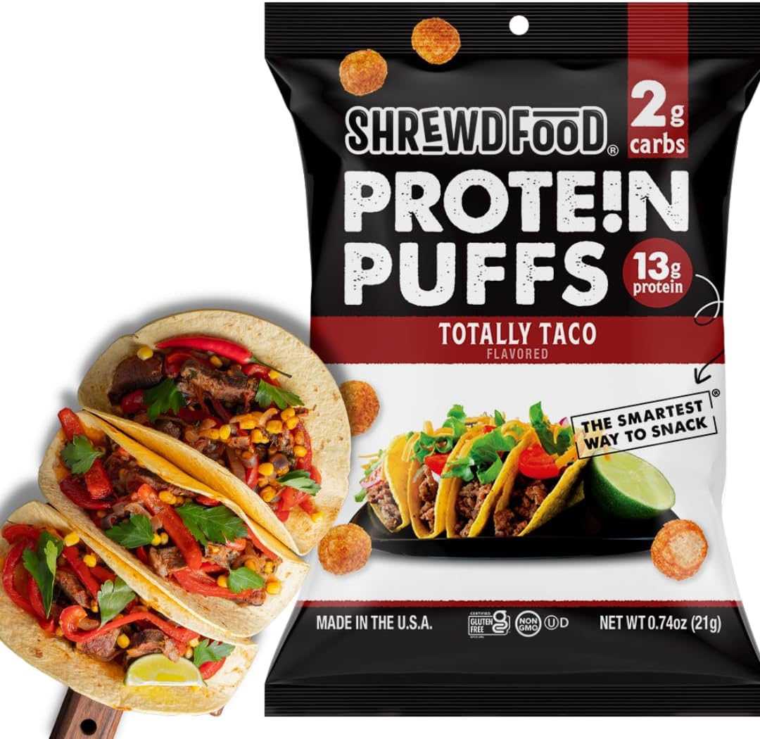 Shrewd FoodProtein Puffs - High Protein, Low-Carb, Gluten-Free, Health Conscious Snacks, Keto Snacks, Non GMO, Soy-Free, Tree Nut Free, Peanut-Free, Never Fried - Totally Taco, 0.74 Oz (Pack of 8)
