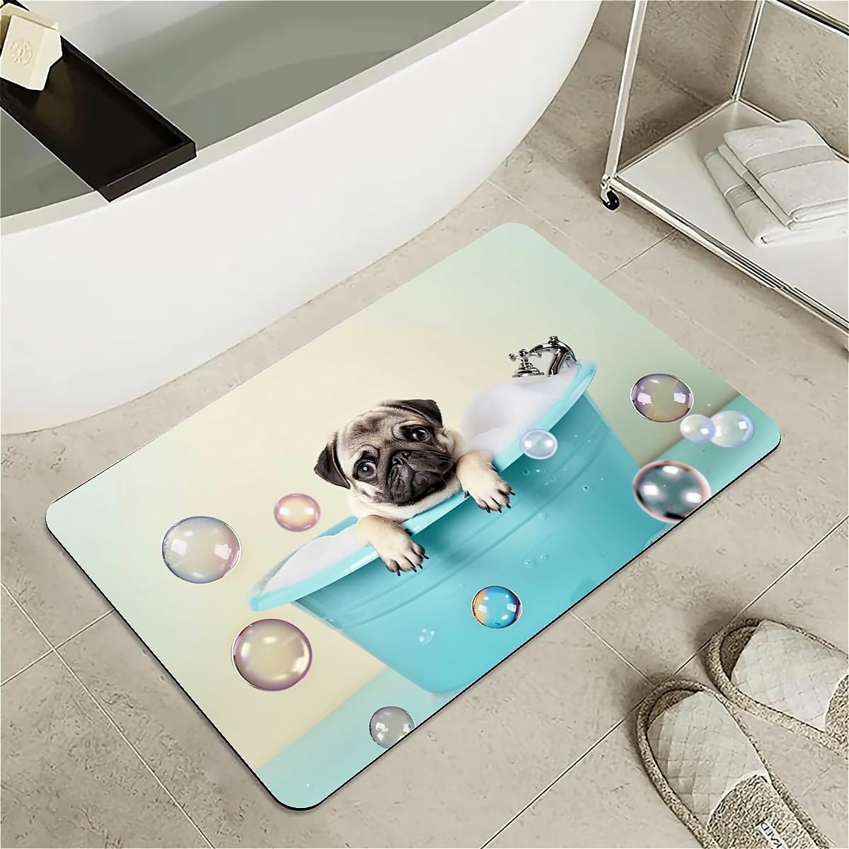 Diatomaceous Earth Bath Mat,Cute Pug Puppy Non-Slip Volume Super Absorbent Fast Drying Eco-Friendly Easy to Clean for Bathroom Kitchen Door mat 16×24Inch (40 * 60cm)