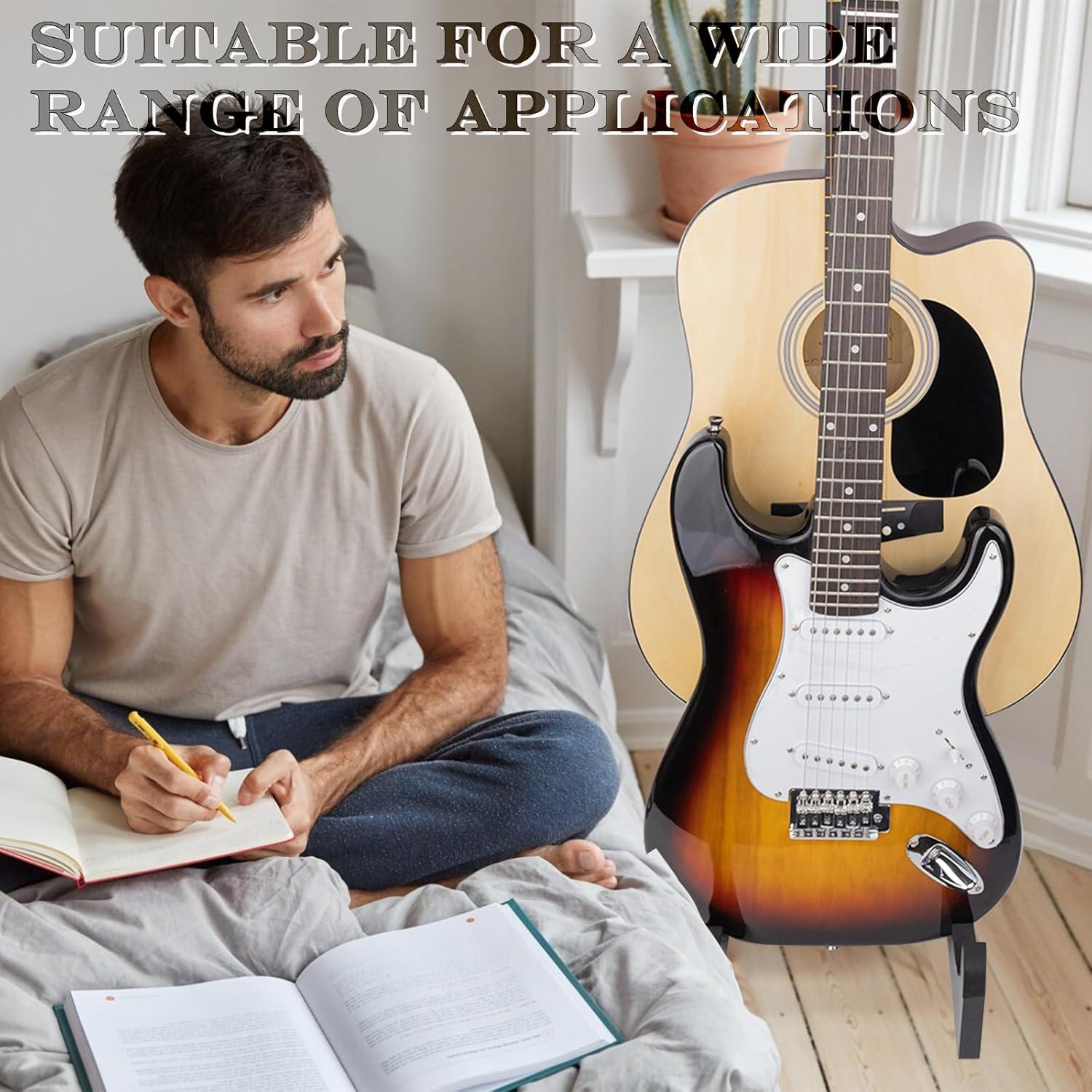 JestFRU Guitar Stand - Wooden Guitar Rack for Acoustic & Electric, Bass Holder with Foam Padded, Suitable for Music Studio Home, Multiple Guitar Display (2 Space) - Black