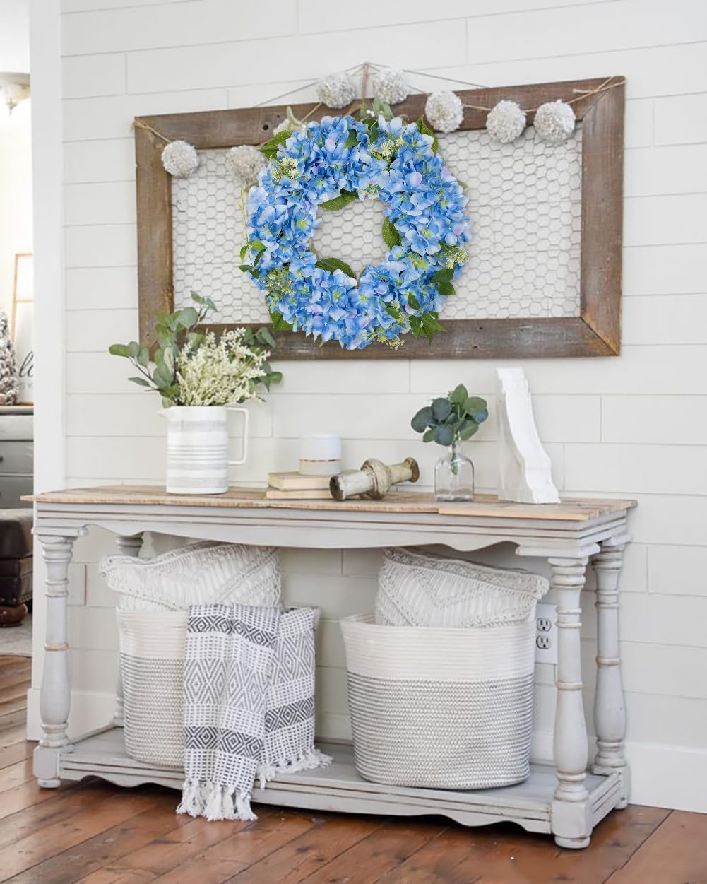 Briful Hydrangea Spring Wreaths for Front Door, 16.5'' Blue Hydrangea Artificial Door Wreaths for Home Mantle Wall Farmhouse Decor - Image 5