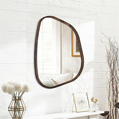 Miniatura 280 de Espejo de pared irregular de 26 x 18 pulgadas, espejo de baño grande asimétrico con marco de madera, espejos decorativos artísticos modernos