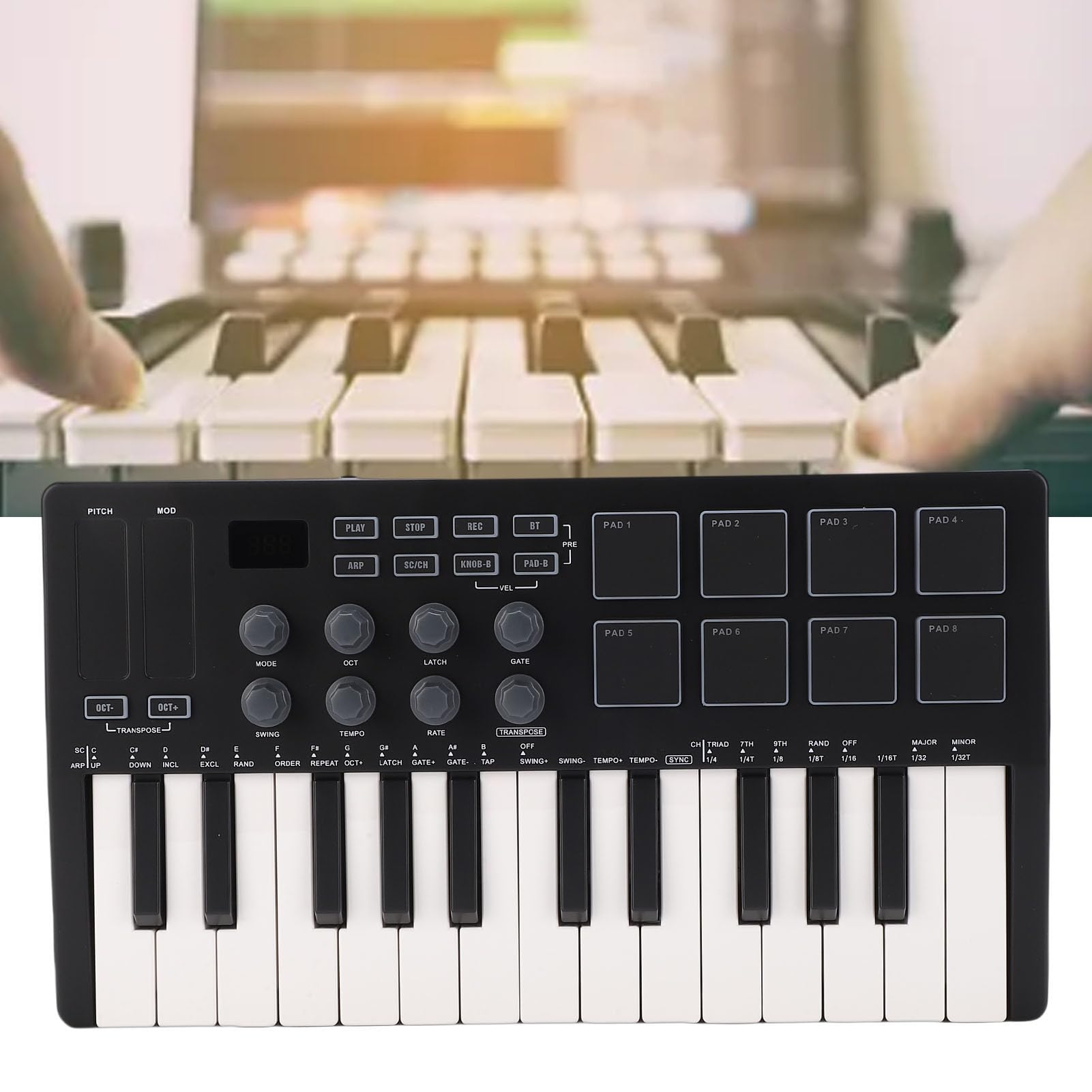 Eujgoov Controlador MIDI Portátil de 25 Teclas Bluetooth USB 8 Perillas Semipesadas con Software de Producción Negro para Producción Musical