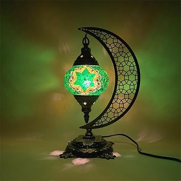 6 Colors Turkish Mosaic Table Lights Moroccan Moon Night Lights Bohemian Handmade Decorative Bedside Table Lamps for Bedroom Kids Room Restaurants Bar Cafe, E14,C