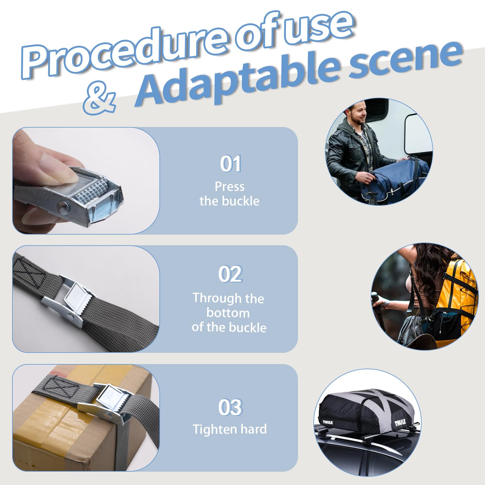 Sangle d'Arrimage, Sangle à Cliquet, Sangle de Serrage Réglables avec Verrouillage à Clip, Adaptées Aux Motos, Voitures, Vélos, Bagages, Camping | Sangle d'arrimage avec cliquet pour transport, fret, bagages