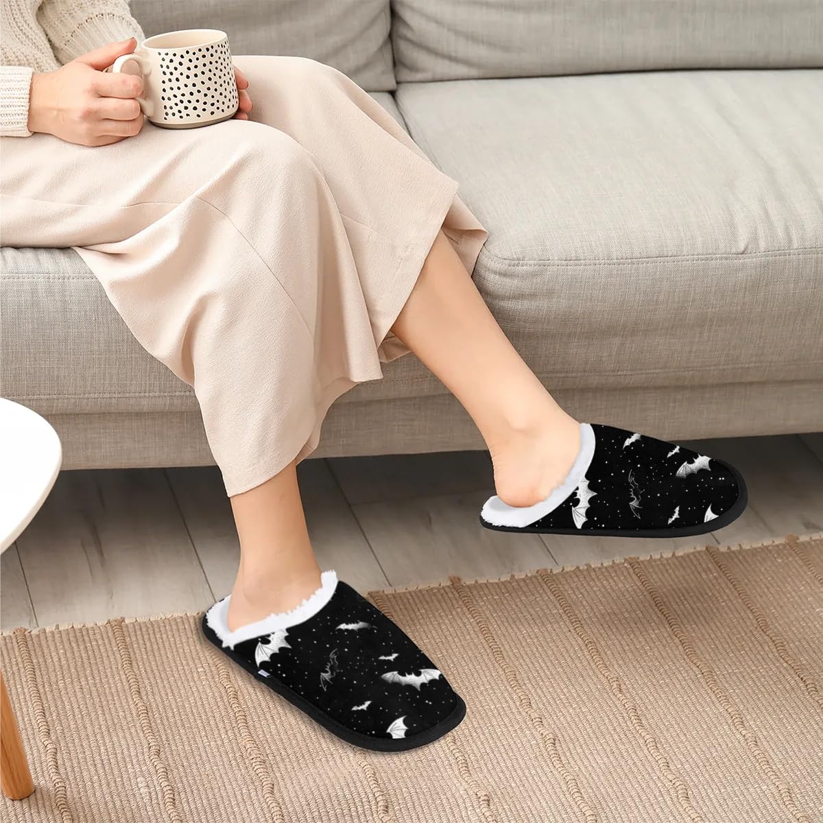 Hsnar White Bats Non Slip House Slippers for Women Indoor Slippers for Men Soft House Shoes Spa Slippers, L