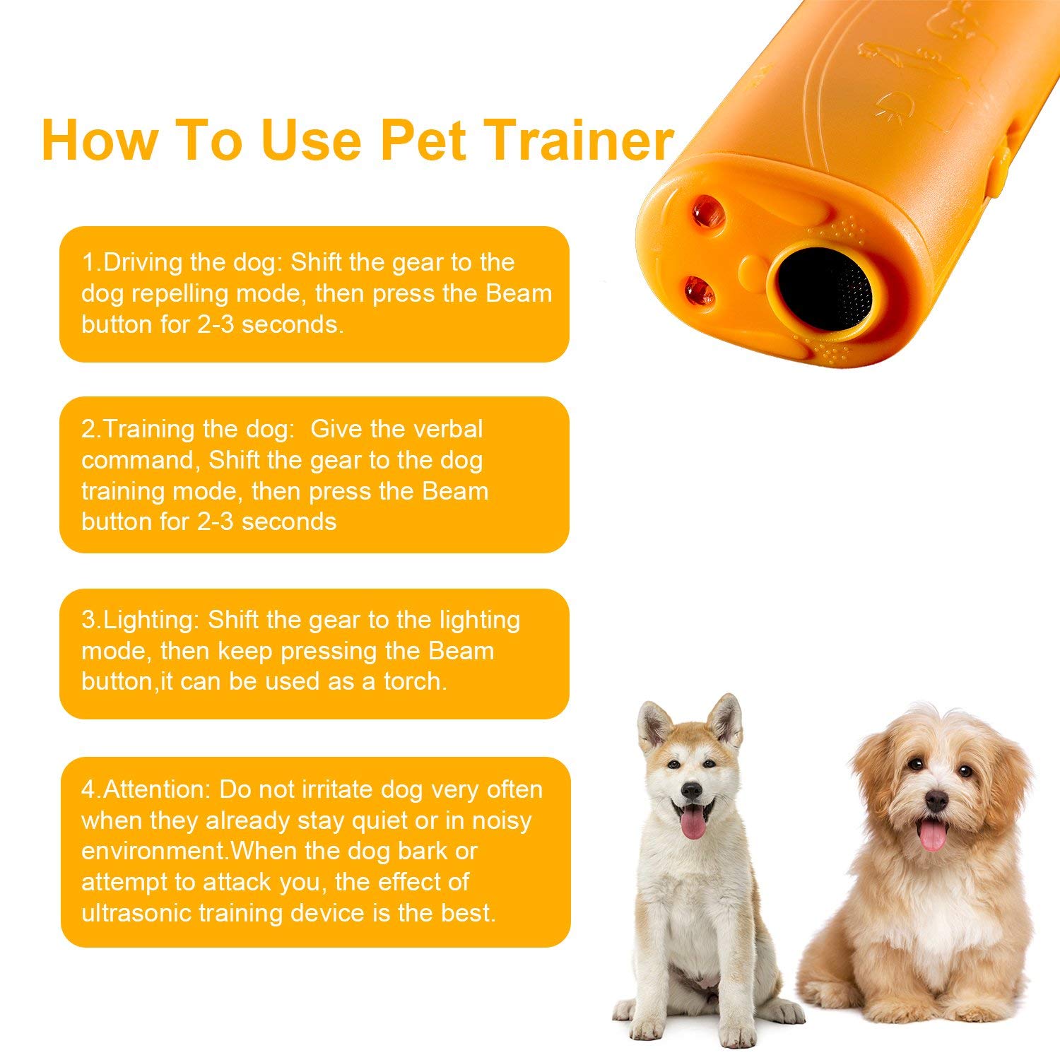 Ketsicart® Dog Repeller, Anti Dog Barking Device, Anti Barking Ultrasonic tranier, 3 in 1 Dog Repeller Device, LED Dog Repeller Trainer with Flash Light (Yellow) 2