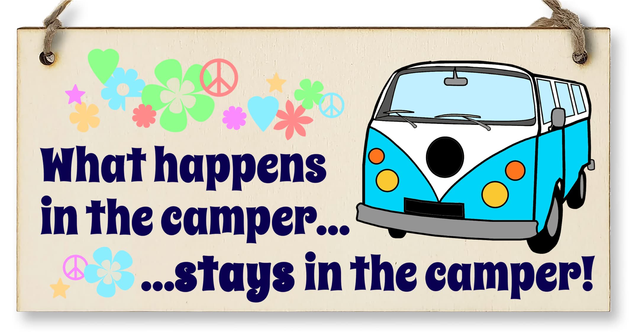 The Plum Penguin Handmade Wooden Hanging Wall Plaque What Happens In The Camper Fun Retro Camping Adventure Sign