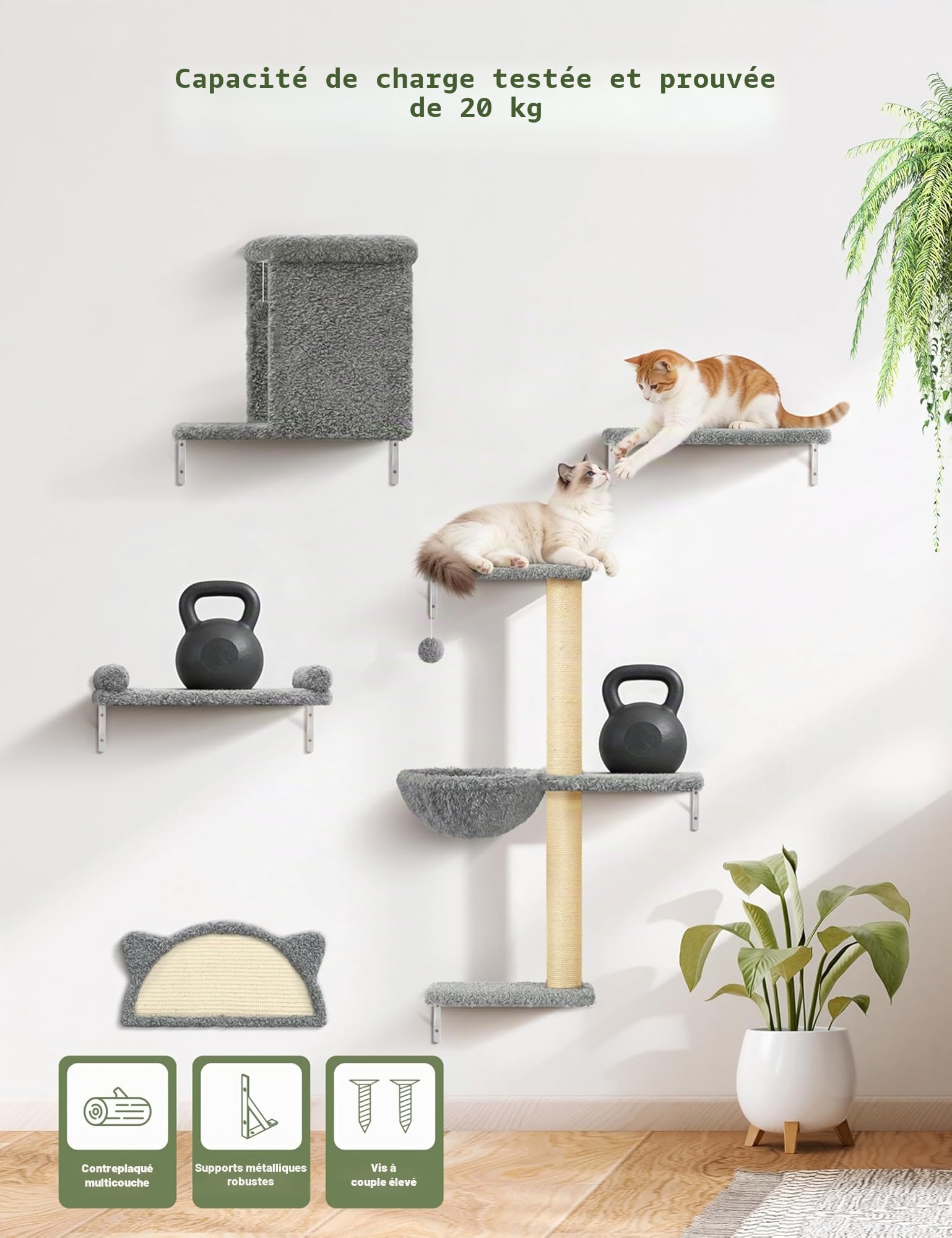 Étagères Murales pour Chat 5 en 1, Arbre à Chat Mural avec Hamac, Niches, Griffoirs en Sisal et Plateformes, Parcours Mural d'escalade en Bois Multicouche, Gris Clair
