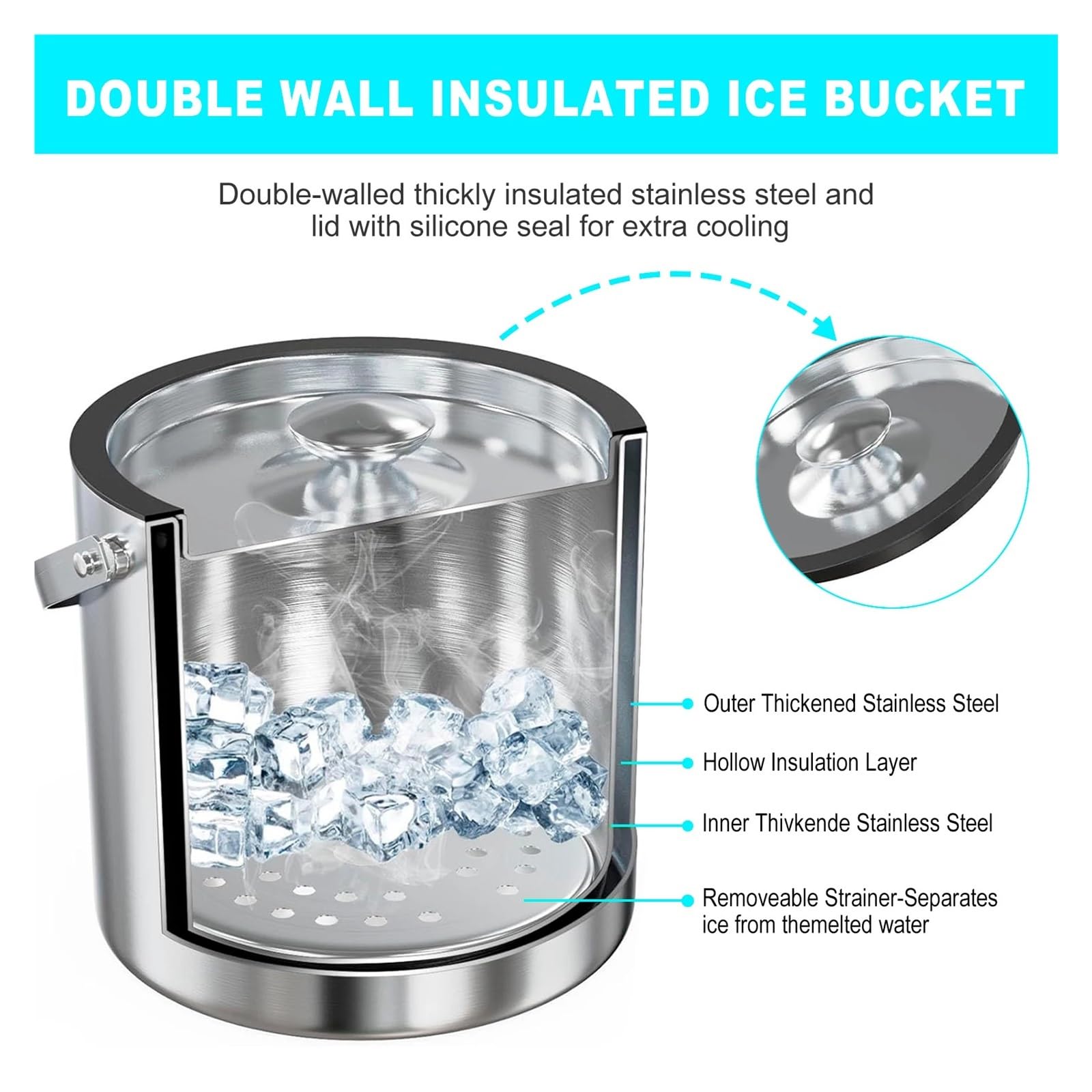 Cubo de Hielo con Tapa, colador y Pinzas, de Acero Inoxidable de Doble Pared, con Aislamiento, 2,0 l/3,0 l, Buen Sellado. para Bar, Cumpleaños, Fiestas(3L)