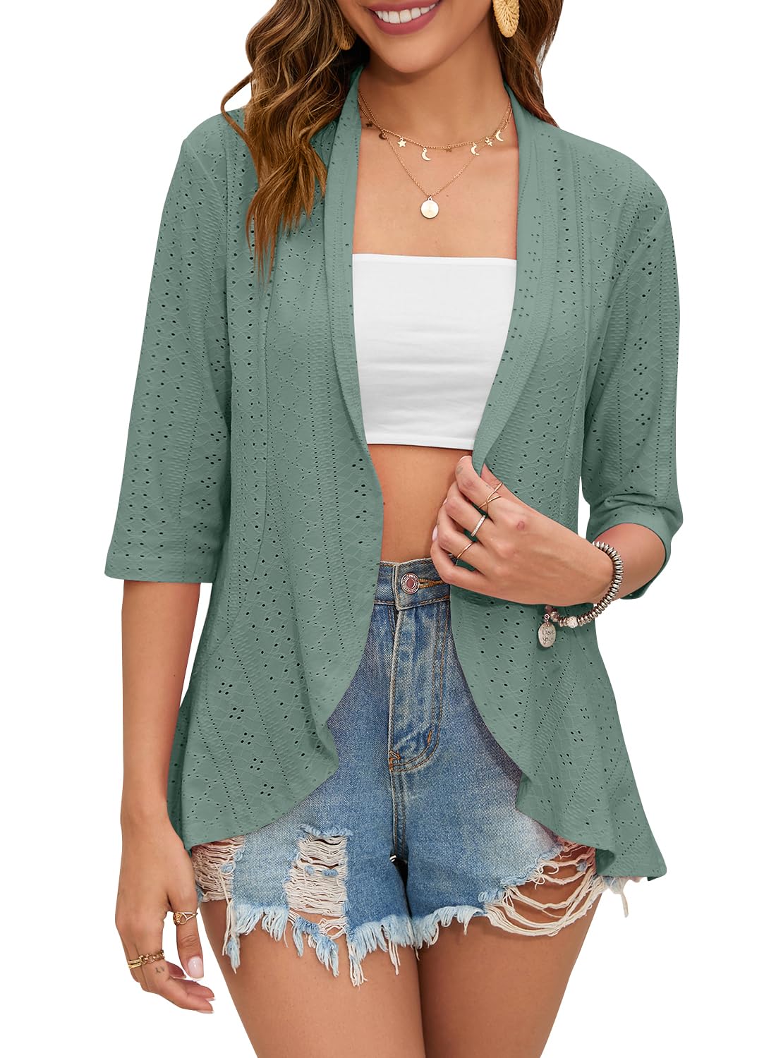 Women's Casual Lightweight Open Front Cardigans Ruffles 3/4 Sleeve Cardigan Soft Draped Cover Up