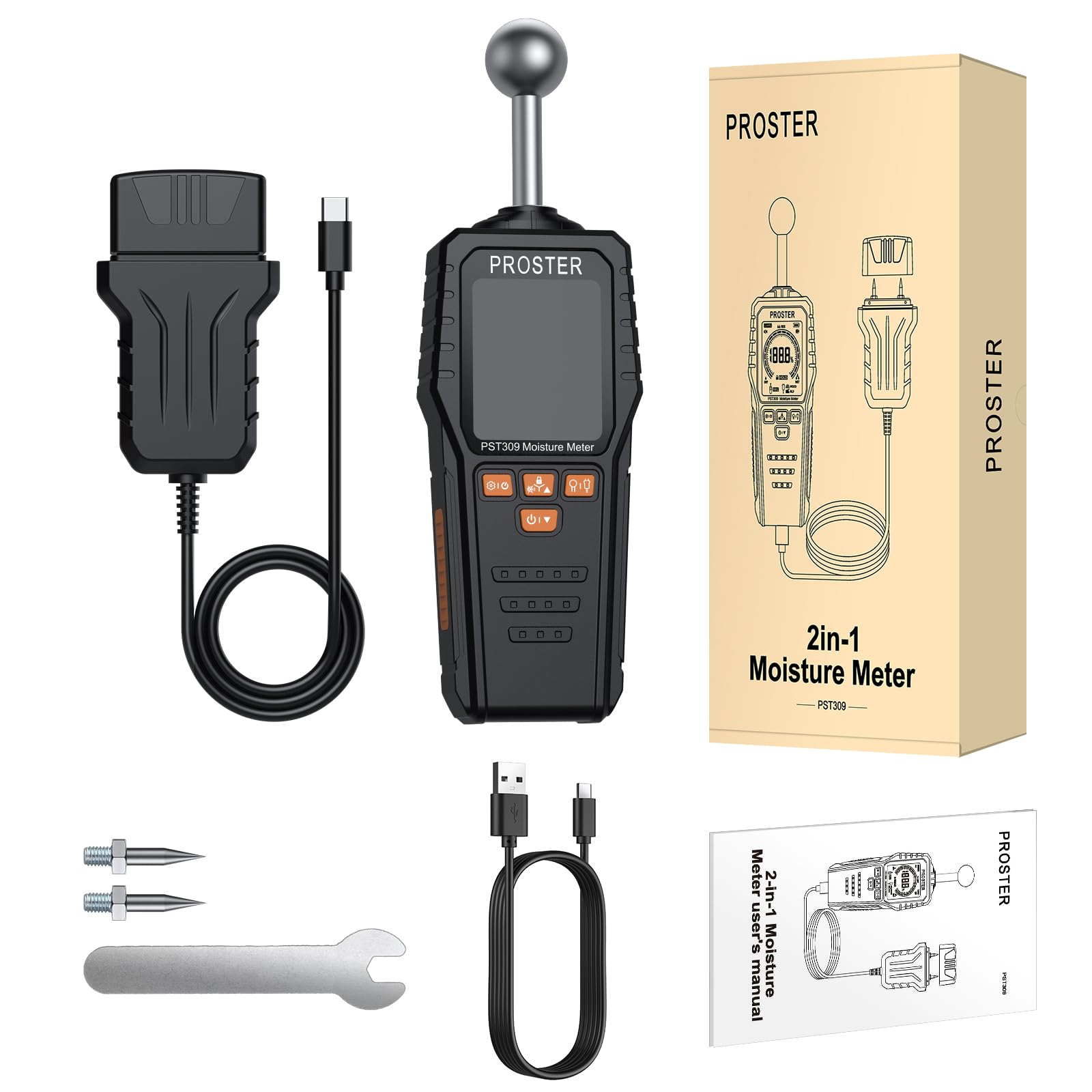Proster Misuratore di Umidità 2-in-1 a Spilli e Senza Spilli Igrometro Ricaricabile con Display LCD a Colori Allarmi Personalizzabili Tester Umidità per Legno Muri Calcestruzzo e Intonaco