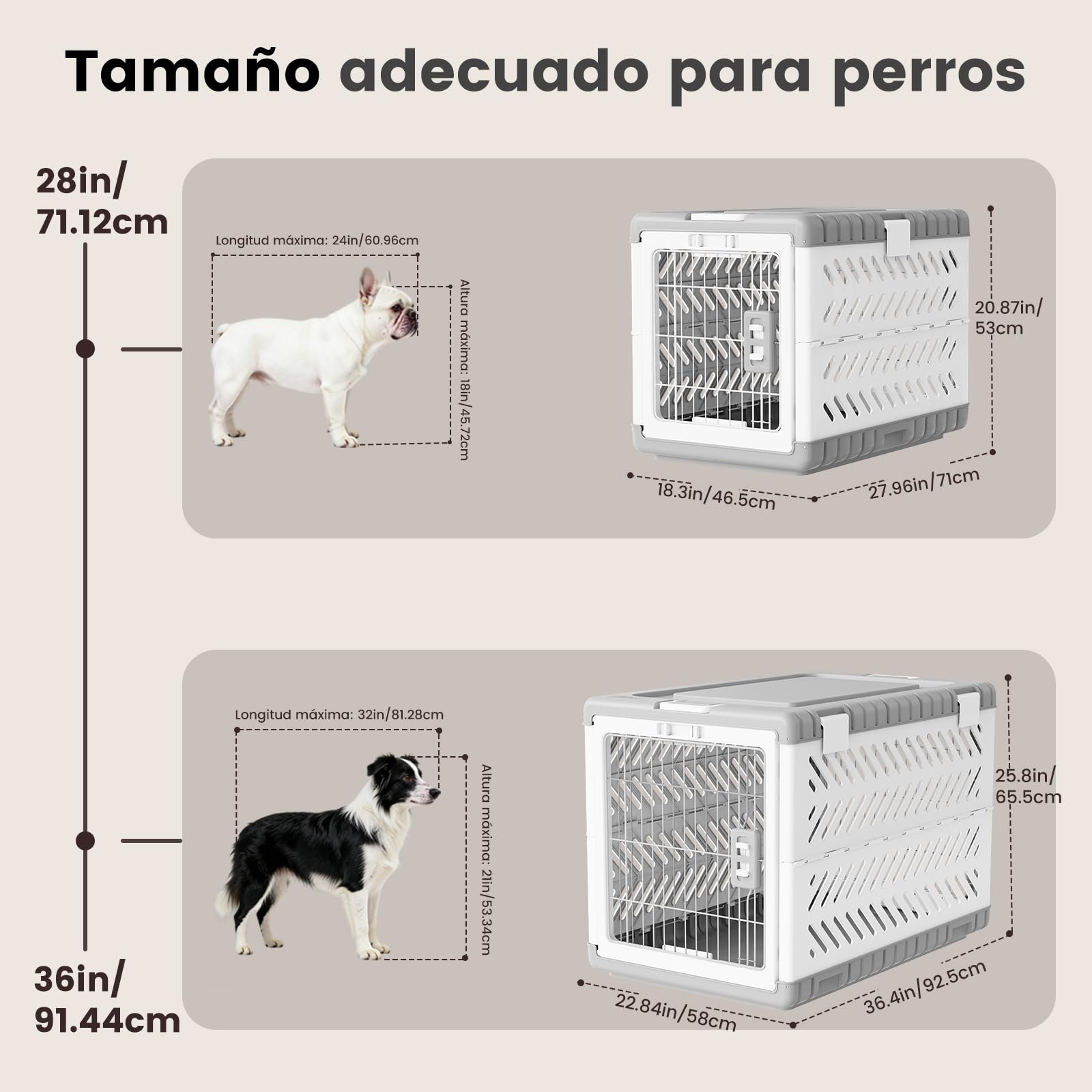 Gardner Pet Jaula para Perros Plegable,Transportin Perro Grande, Adecuado para Perros Grandes Y Gatos De 92.5x58x65.5cm, Se Pliega Sin Herramientas, Equipado con 2 Ruedas, para Interior Exterior,Gris