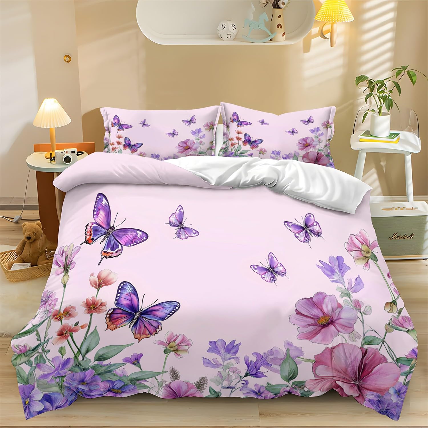 Bedding Set Duvet Cover Set 3 Piece double duvet cover set UK Purple And Pink Floral Print Halloween Printed MicrofiberPrinted duvet covers Purple Cover with Zipper Pillowcase Double