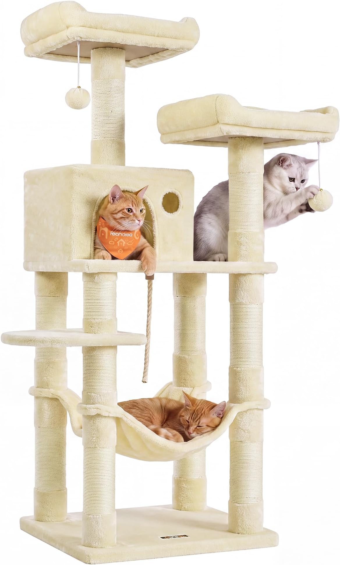 Feandrea Cat Tree, 56.3-Inch Cat Tower for Indoor Cats, Multi-Level Cat Condo with 11 Scratching Posts, 2 Perches, Cave, Hammock, Beige UPCT15BE