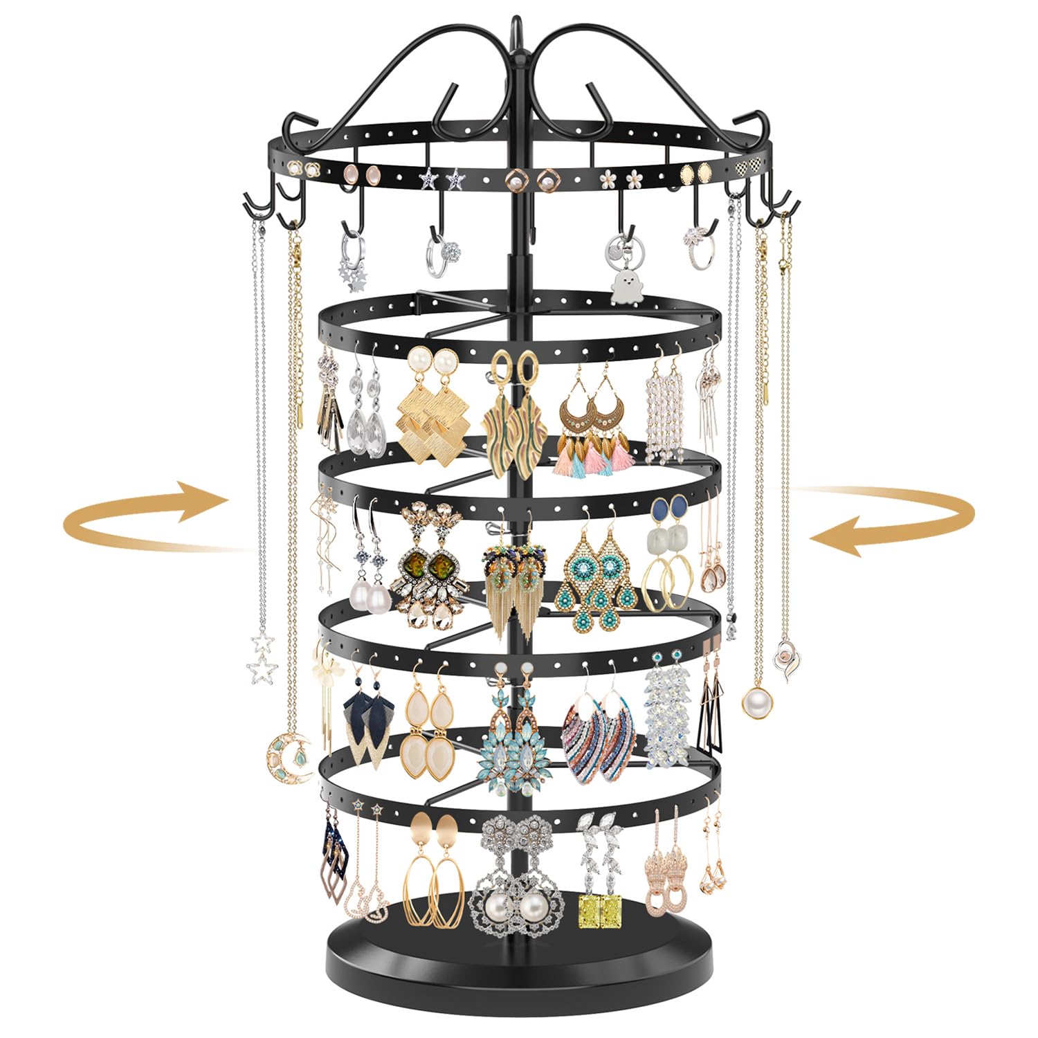 MODOWEY Rotating Jewelry Holder Organizer Stand, 5 Tier Black Metal Display