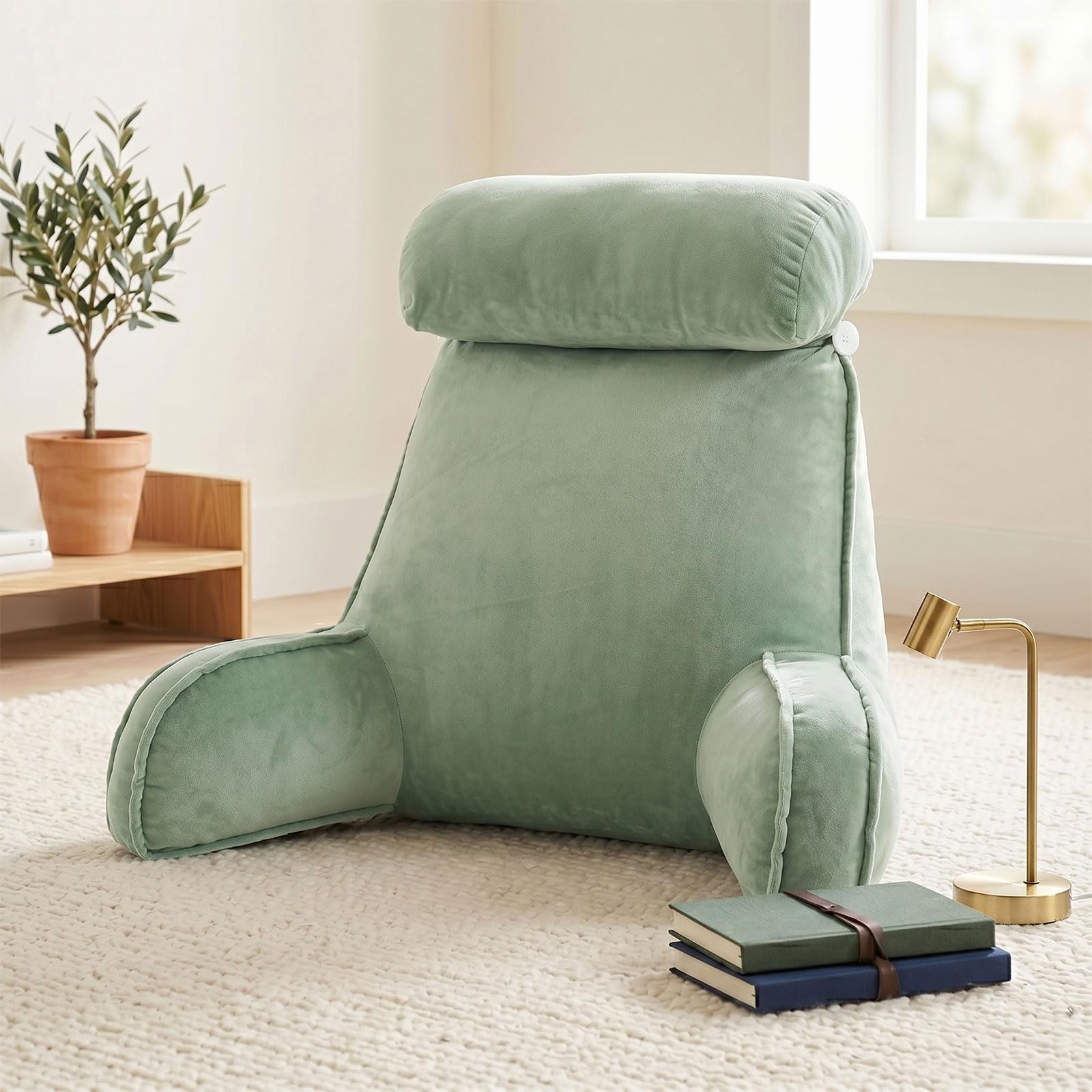 Lesekissen für Bett und Sofa Ergonomisch mit Nackenrolle - Rückenkissen Bett Groß mit Memory Schaum - Rückenstützkissen mit Taschen - Lesekissen für Lesen Entspannen Sofa (Grün)