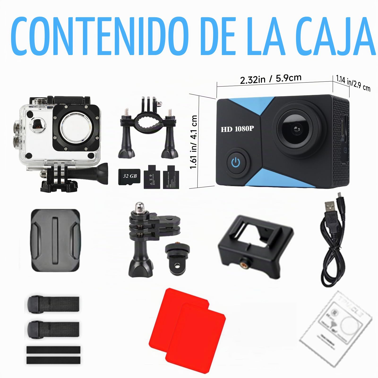 Cámara Deportiva 1080P WiFi Cámara de Acción | Cámara Subacuática Sumergible hasta 30 Metros, Tarjeta 32GB incluida, 2 baterías 1050mAh y juego completo accesorios