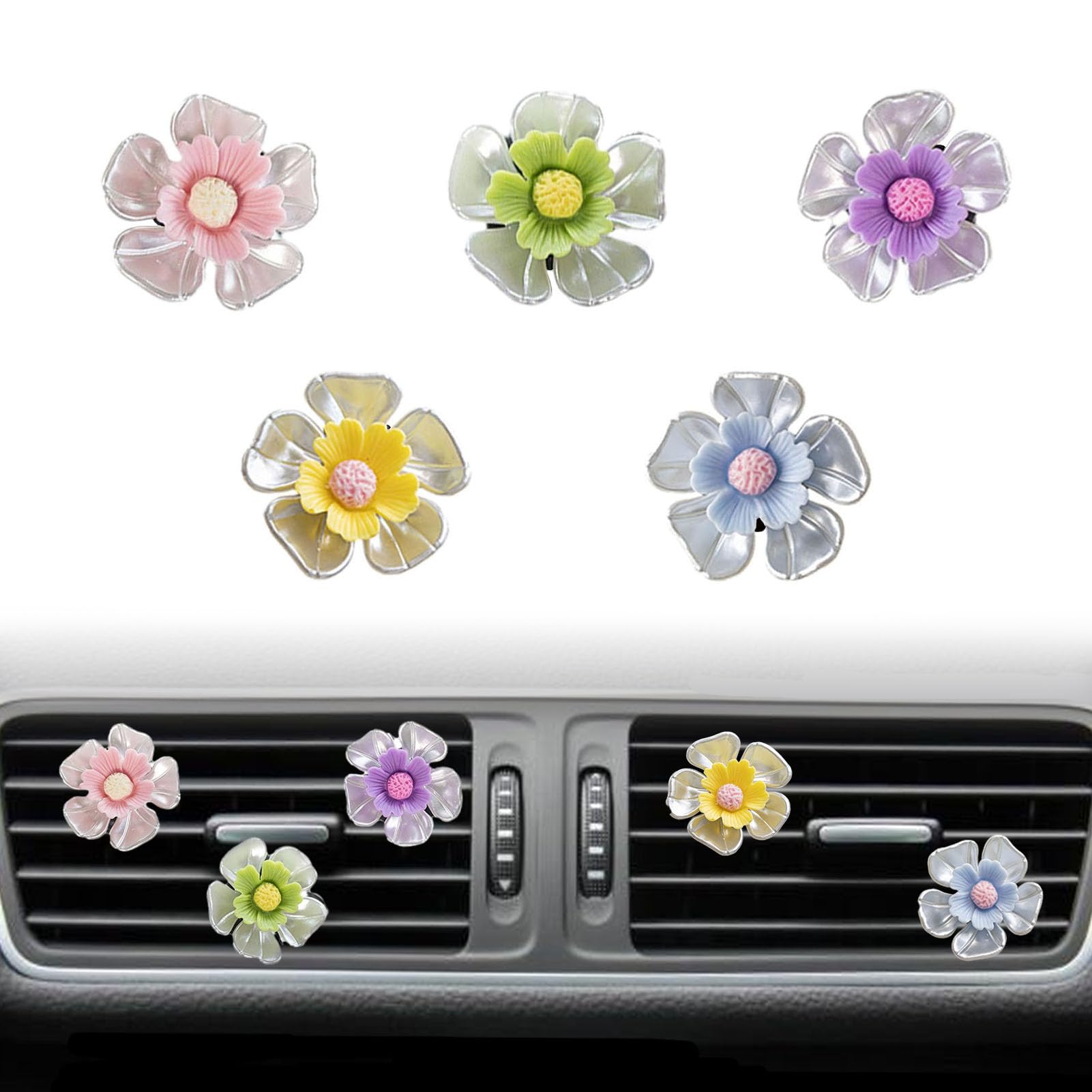 GEASOEL 5 Pcs Cute Shell Flower Car Air Outlet Clip Daisy Car Air Fresheners Vent Clips Car Interior Decor Charm for Women