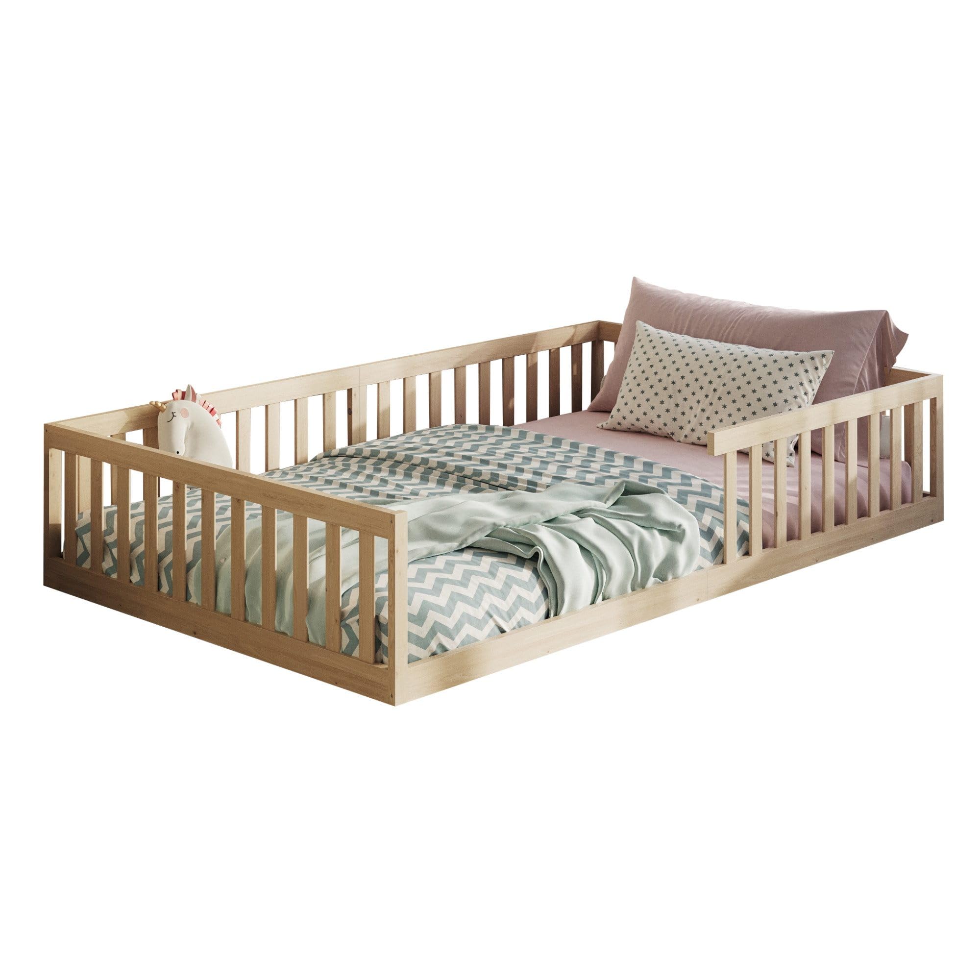 Kids Collective Letto per bambini Letto da terra 140 x 200 cm con protezione anticaduta e rete a doghe Letto Montessori Letto per bambini Naturale Altre misure 90 x 200 cm 140 x 200 cm
