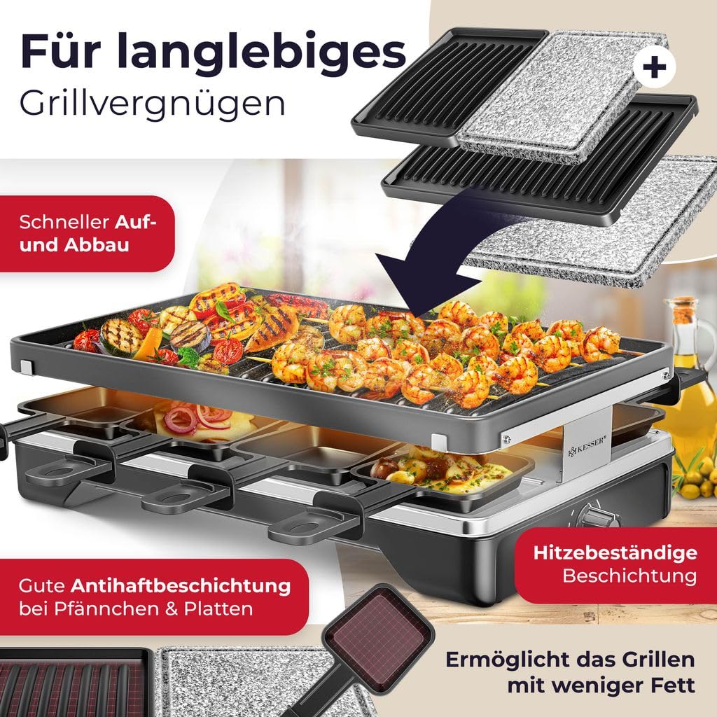 KESSER® Griglia per raclette con pietra naturale, piastra per grigliare griglia da tavolo per 8 persone, griglia elettrica per raclette con piastra antiaderente, 8 pentole e spatola, Nero