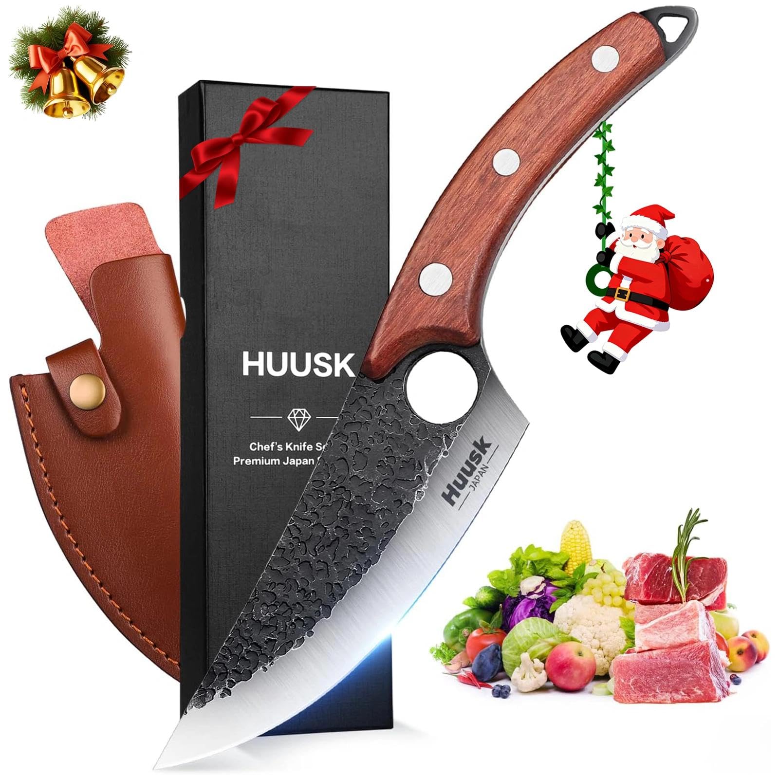 Huusk Viking Knives Hand Forged Boning & Chef Knife - Full Tang Japanese Blade with Sheath - Butcher Meat Cleaver - Camping & Kitchen Christmas Gifts for Men and Women