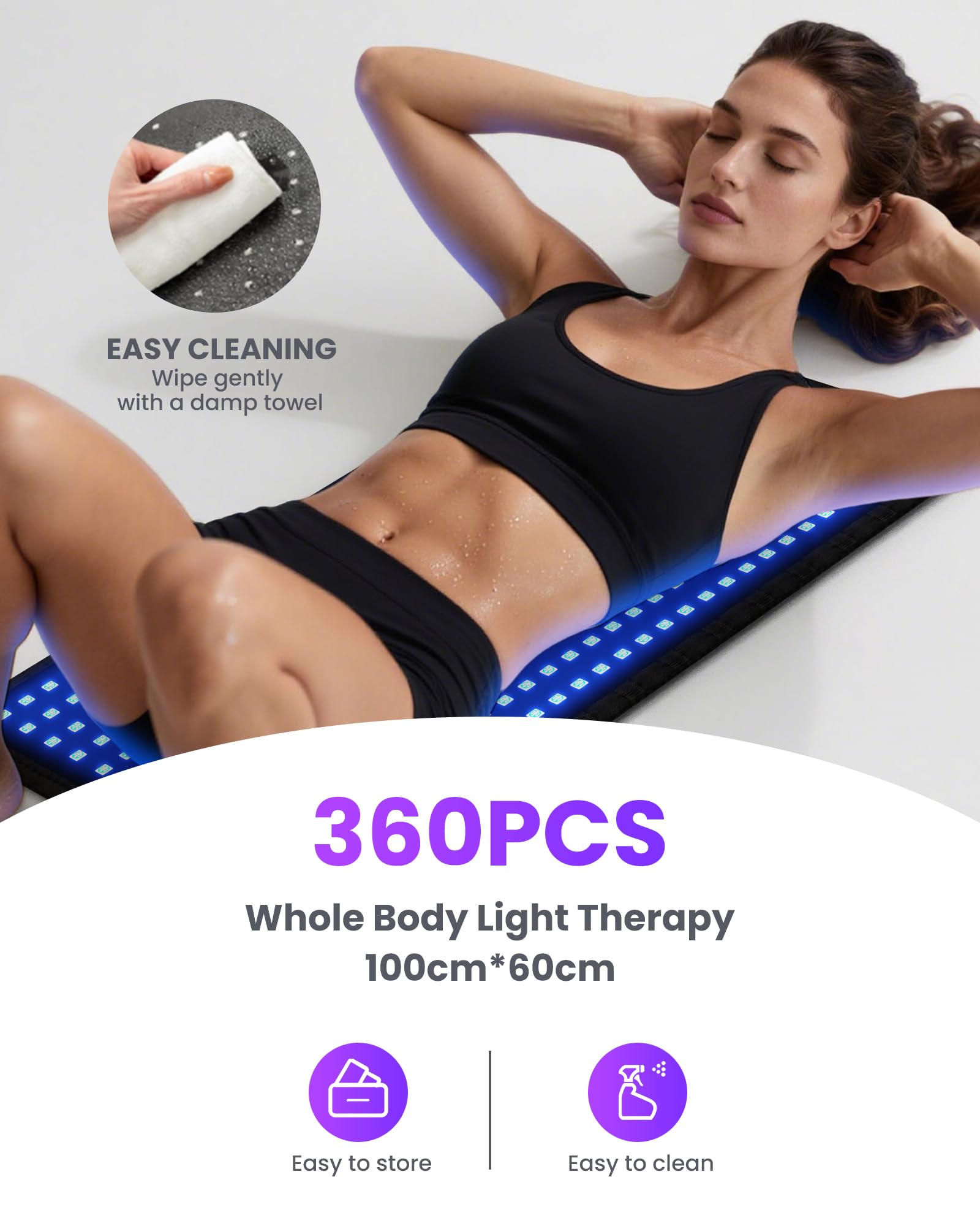 Bräunungslampen Pad 360 PCS 460&490nm 100x60cm Gesichtsbräuner Solarium 5 Lichtstärken 3 Modi Impuls Liegend Wandhängend