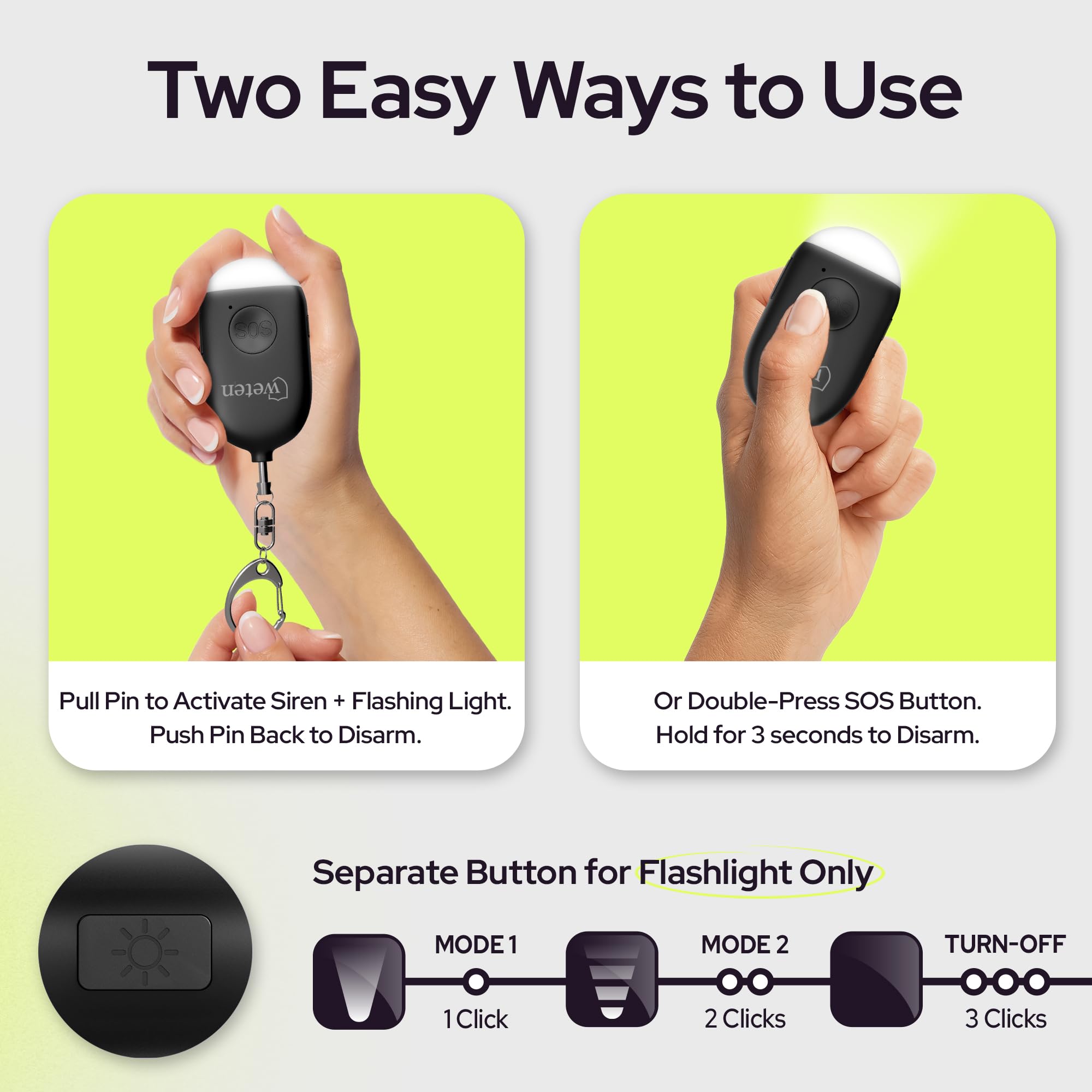 Weten Rechargeable Personal Alarm Keychain - 130dB Siren & LED Light - Stylish Personal Safety Alert for Women to Carry - Panic Button Alarm for Security - Rape Whistle for Self Defense (Black)