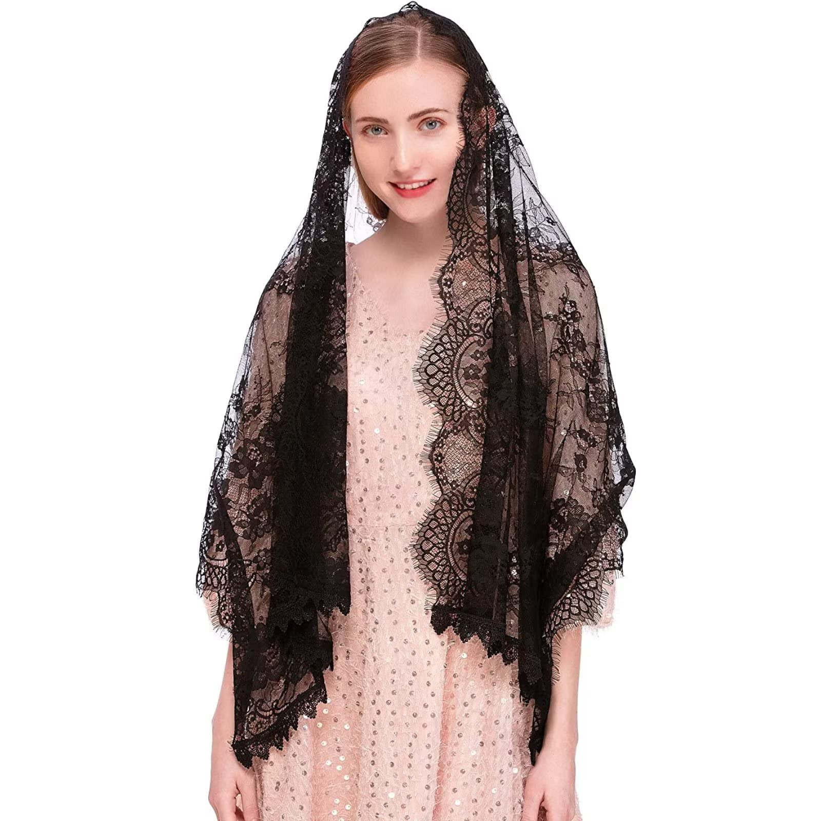 Pañuelo de Encaje Negro, Pañuelo para la Cabeza Velo de Capilla Rectangular Spanis Velos Florales Mantón para Cubrir la Cabeza En Masa