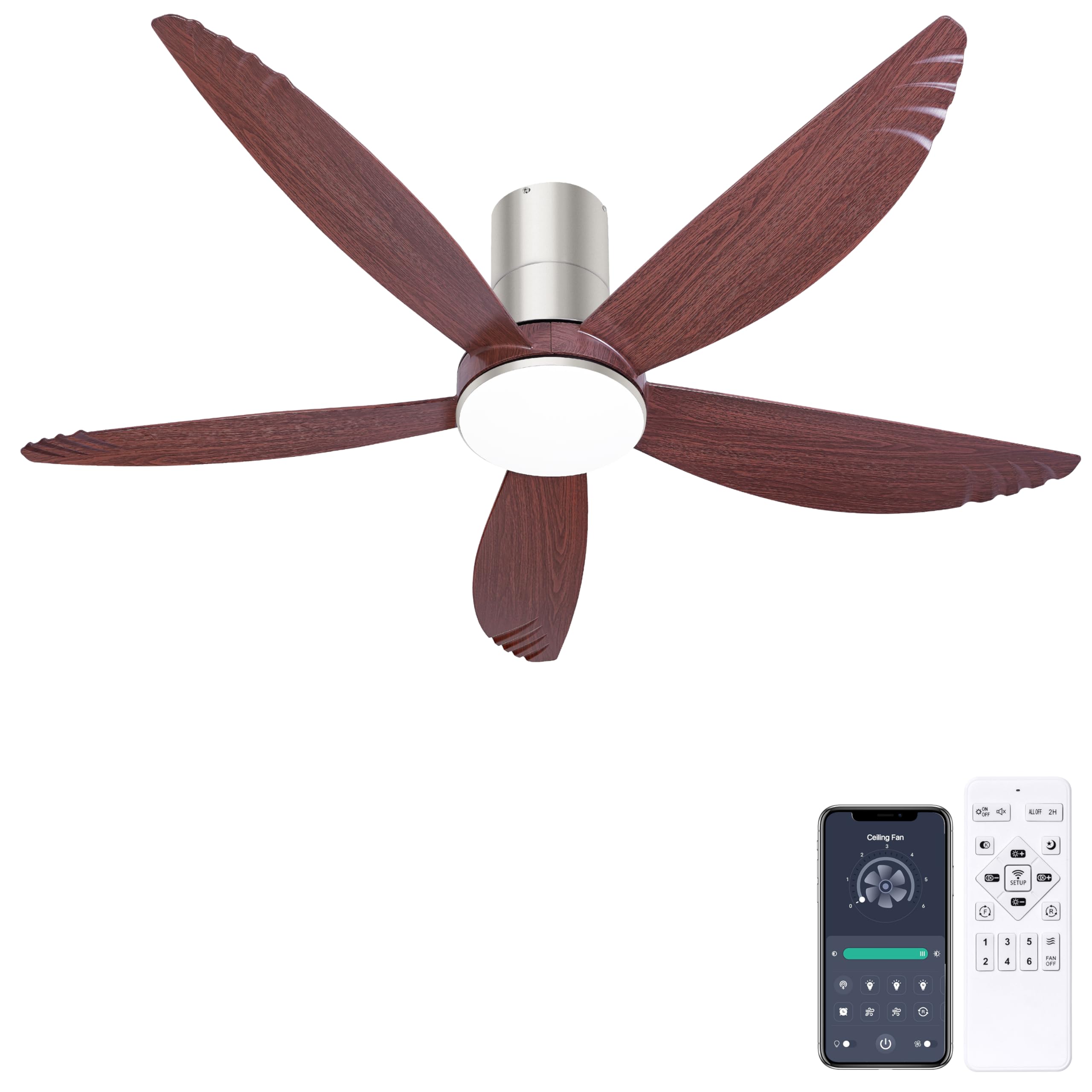 Ohniyou 58 Inch Ceiling Fan with Lights, 5 Blades Flush Mount Ceiling Fan with Remote/APP Control, Dimmable Indoor Outdoor Low Profile Ceiling Fan for Patios, Living Room