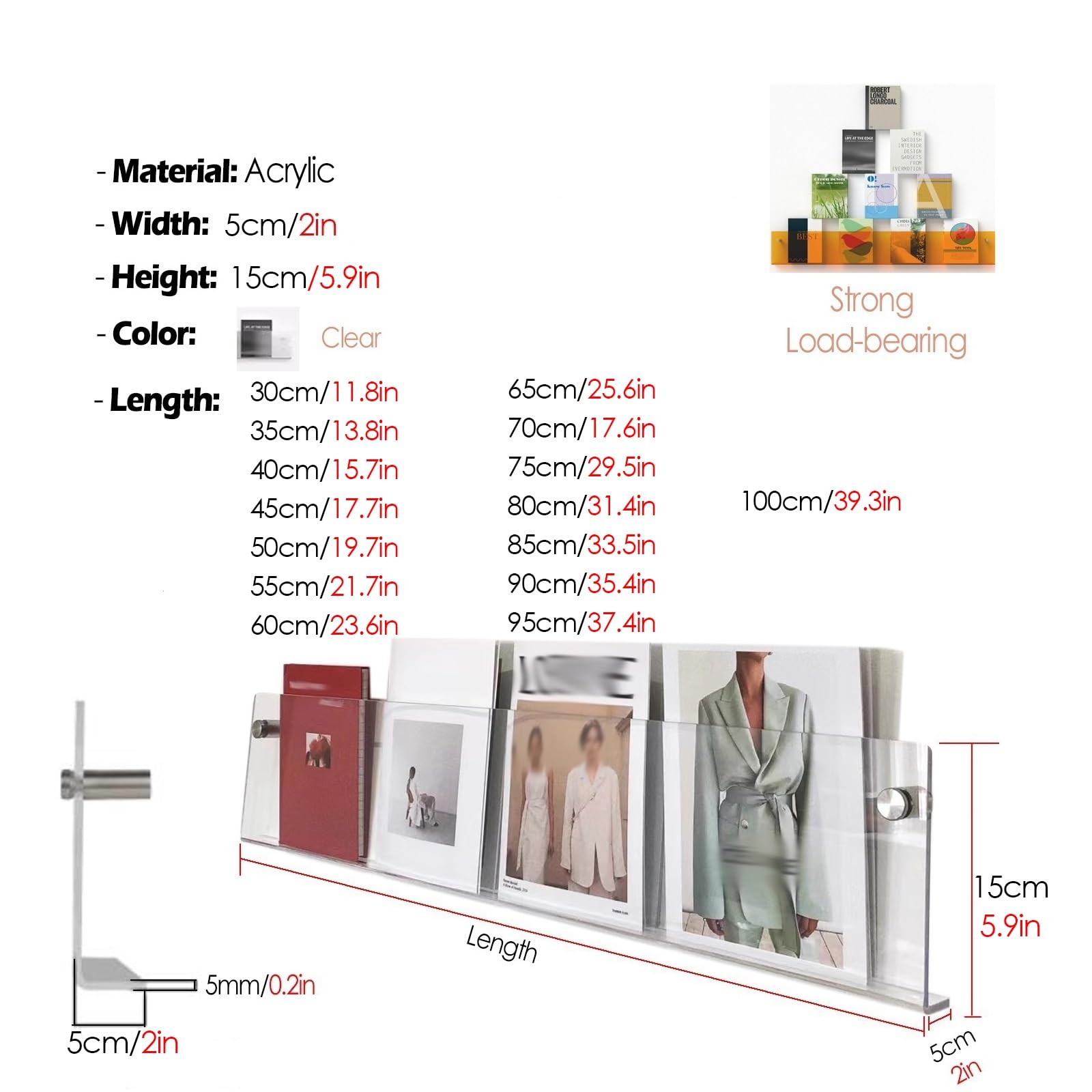 Lot de 2 Porte-brochures muraux en Acrylique - Porte-revues Transparent pour Bureau et Maison, 100 cm de Long, présentoir Suspendu pour brochures, dépliants et Livres