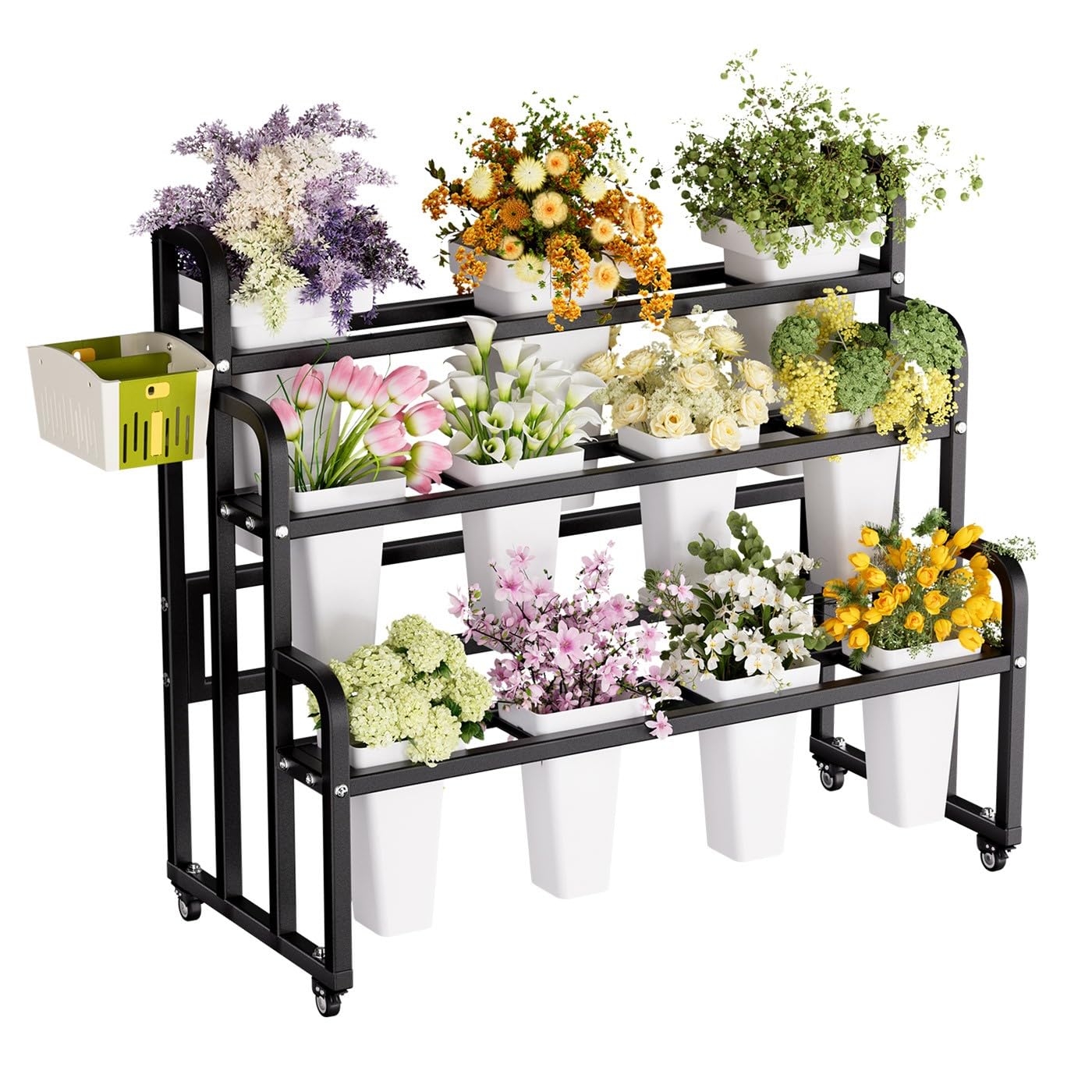 ACLFF Rolling Flower Display Stand, Multi-Tier Metal Plant Cart with Detachable Flower Buckets, Mobile Florist Rack for Shop Patio Garden Flower Arrangement