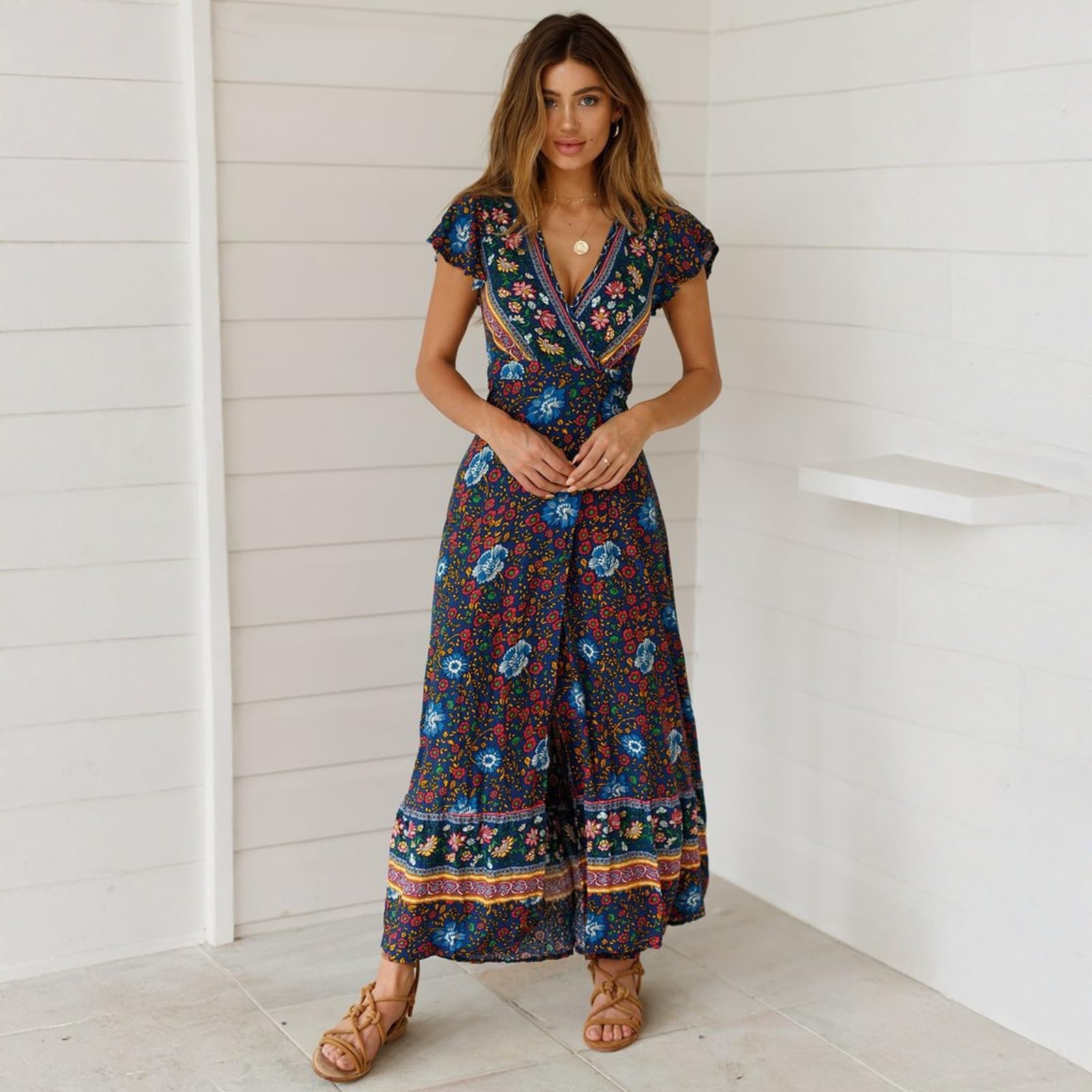 Générique Robe Ete Femme Robe Longue Boheme Portefeuille Chic Et Elegant A Col V Manches Courtes Fendue Fluide pour Plage Vacances Soiree Cocktail