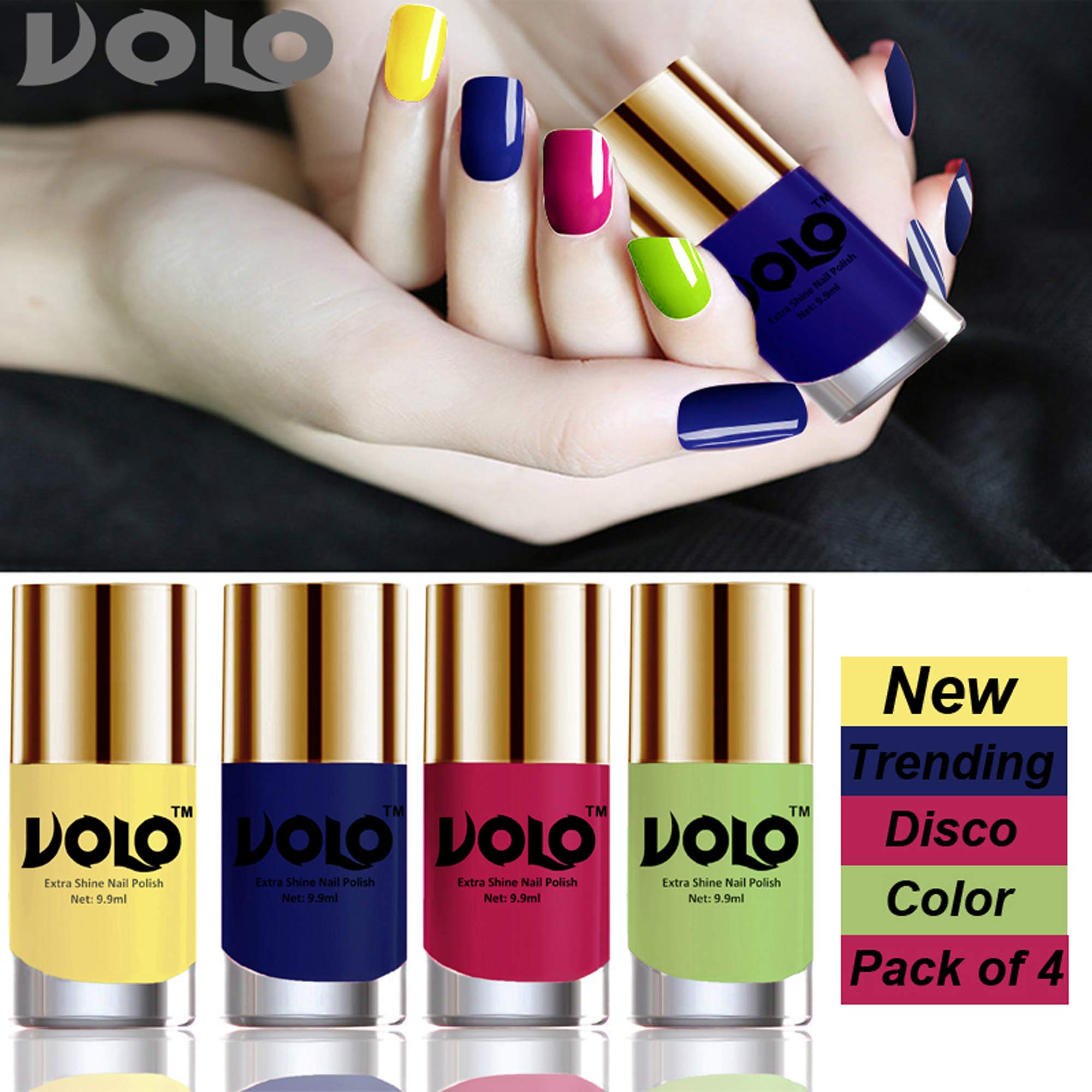VOLO Dazzling Glow Long Stable High Definition Nail Polish Combo Set Of 4(Yellow, Royal Blue, Passion Pink, Parrot Green)