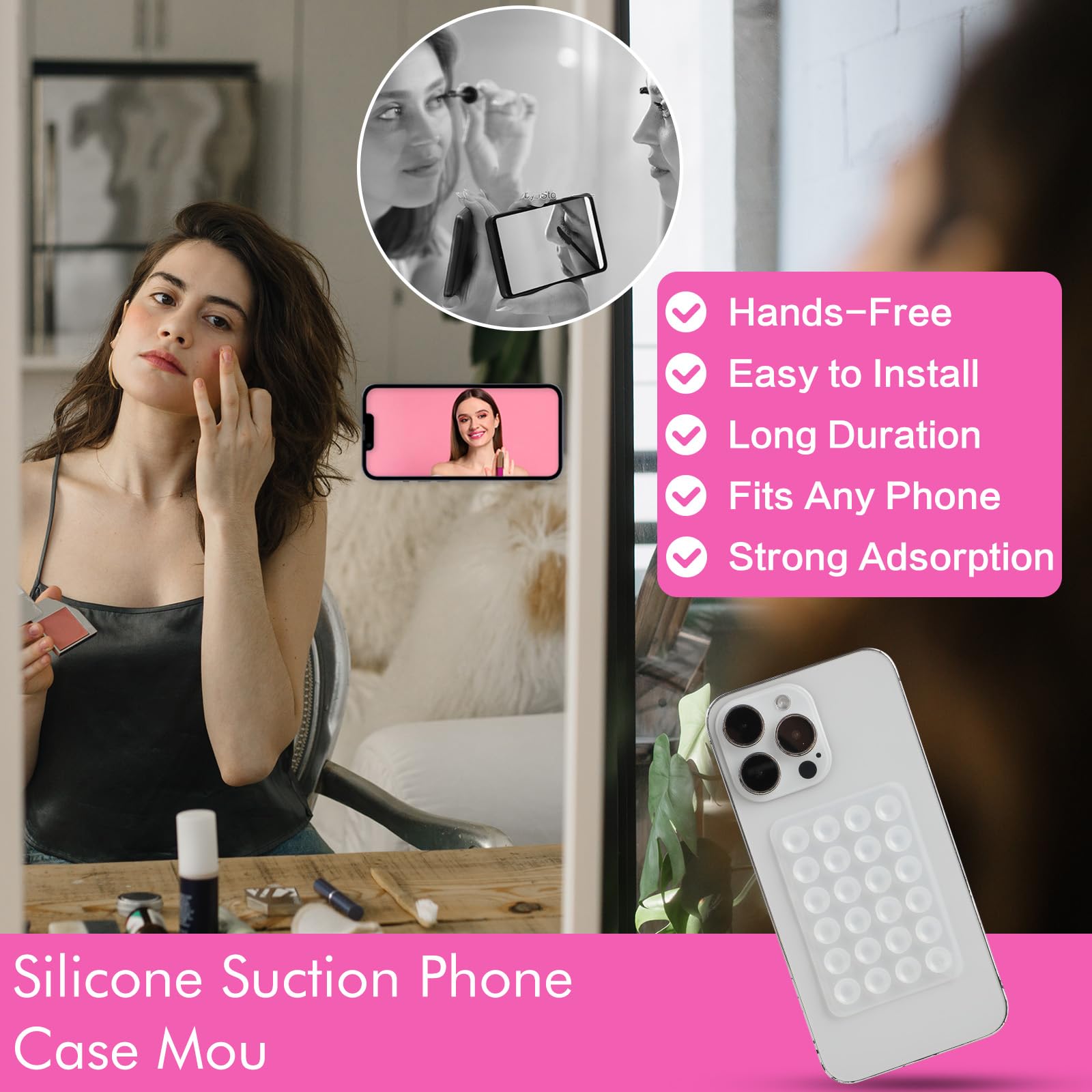 Supports Téléphone Ventouse Double Face – Lot De 2, Silicone Rose/bleu – Pour Selfies, Vidéos, Mains Libres
