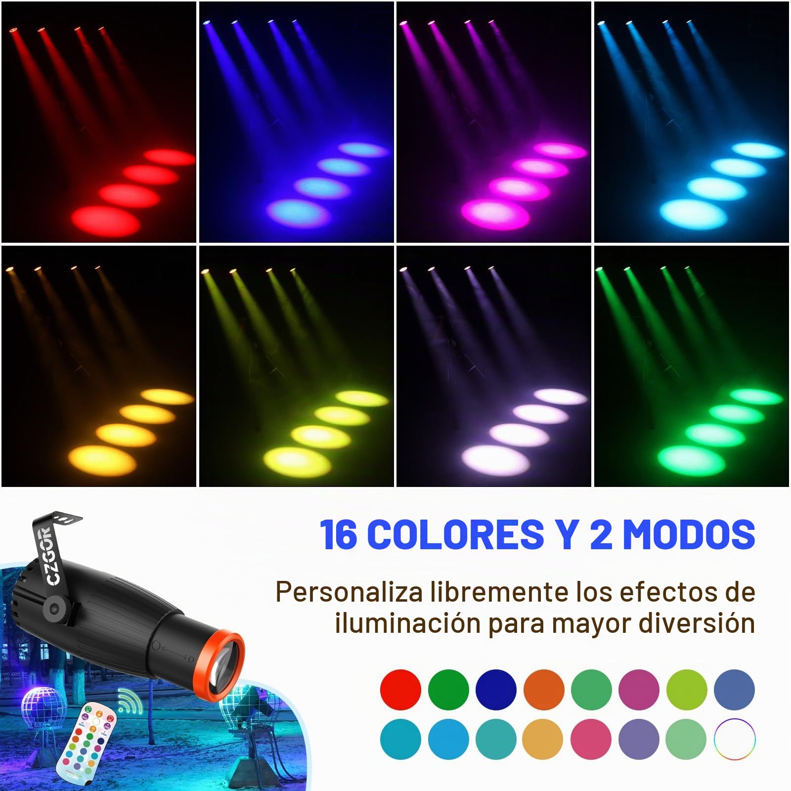 Luces Pinspot, Czgor Focos De Disco De Enfoque Manual, Luces Altas 16 Color LED 18W RGBW 4 En 1, Columnas Guía De Luz Súper Brillantes, Iluminación Efecto Escenario para Bola Discoteca Fiesta DJ Boda