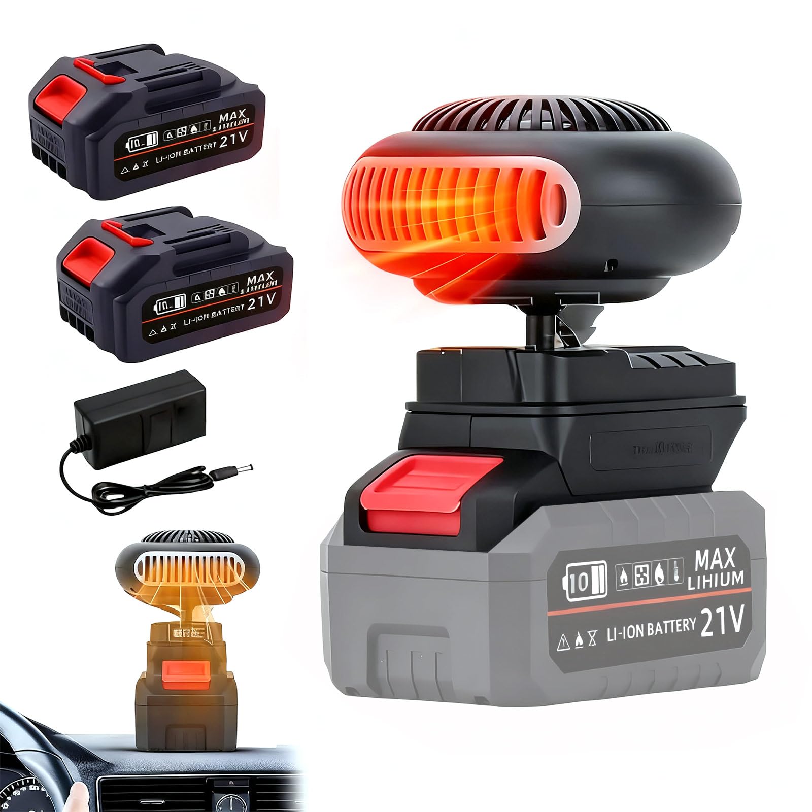 Chauffage D'appoint Alimenté par Batterie,Chauffage Voiture Portable,Chauffage D'appoint Sans Fil,Chauffage Rapide,Dégivrage, Désembueur,pour Camping-car,SUV (2 batteries)