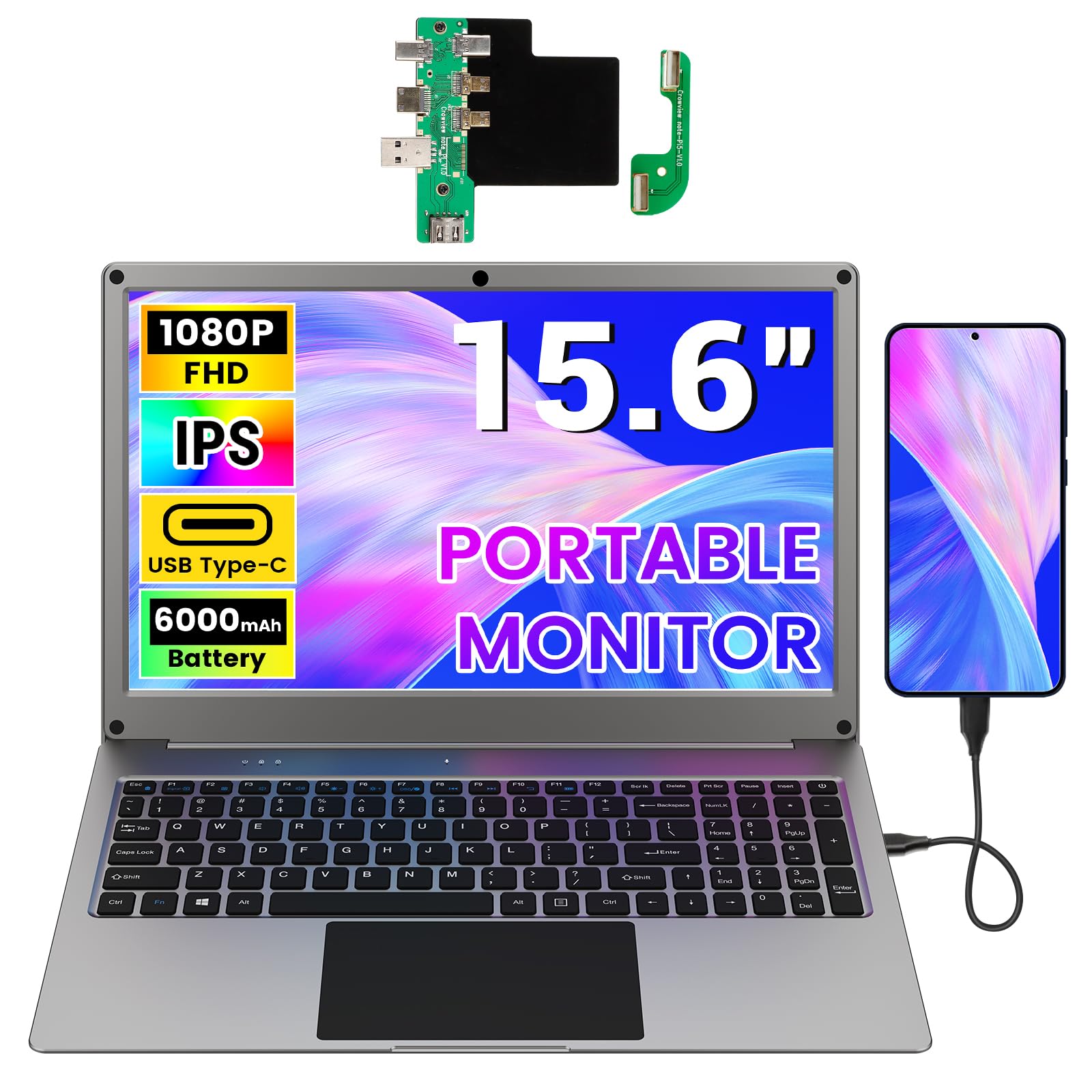Portable Monitor with Keyboard, 15.6 Inch Lapdock Display with 6000mah Built-in Battery,CrowView Note 1080P FHD USB C Monitors with RPi5 Adapters Compatible with RPi5, PC, Phone, Mac, Game Console