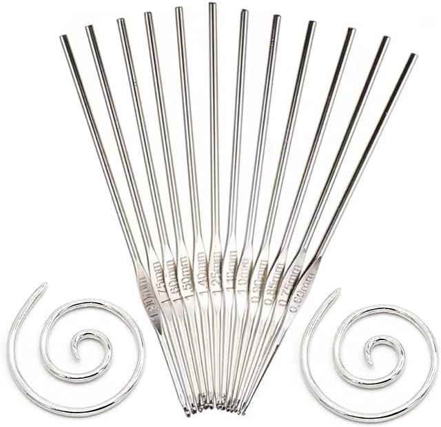 14 Pcs Small Crochet Hooks Set - Fine Crochet Needles - Spiral Cable Knitting Needles - Small Locking Hook Crochet + 2 Curved Tapestry Needles -Small Crochet Hooks for lace Making