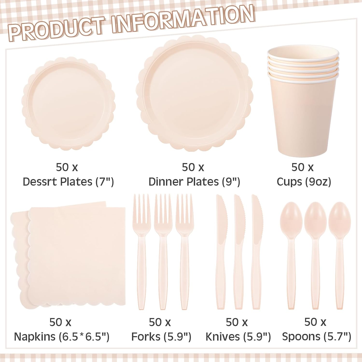 350 Pcs Ivory Plates and Napkins, 50 Guest Cream White Party Supplies Include Scalloped Paper Plates Napkins Cups Plastic Spoons Forks Knives Disposable Tableware Set for Weeding Bridal Shower - Image 2