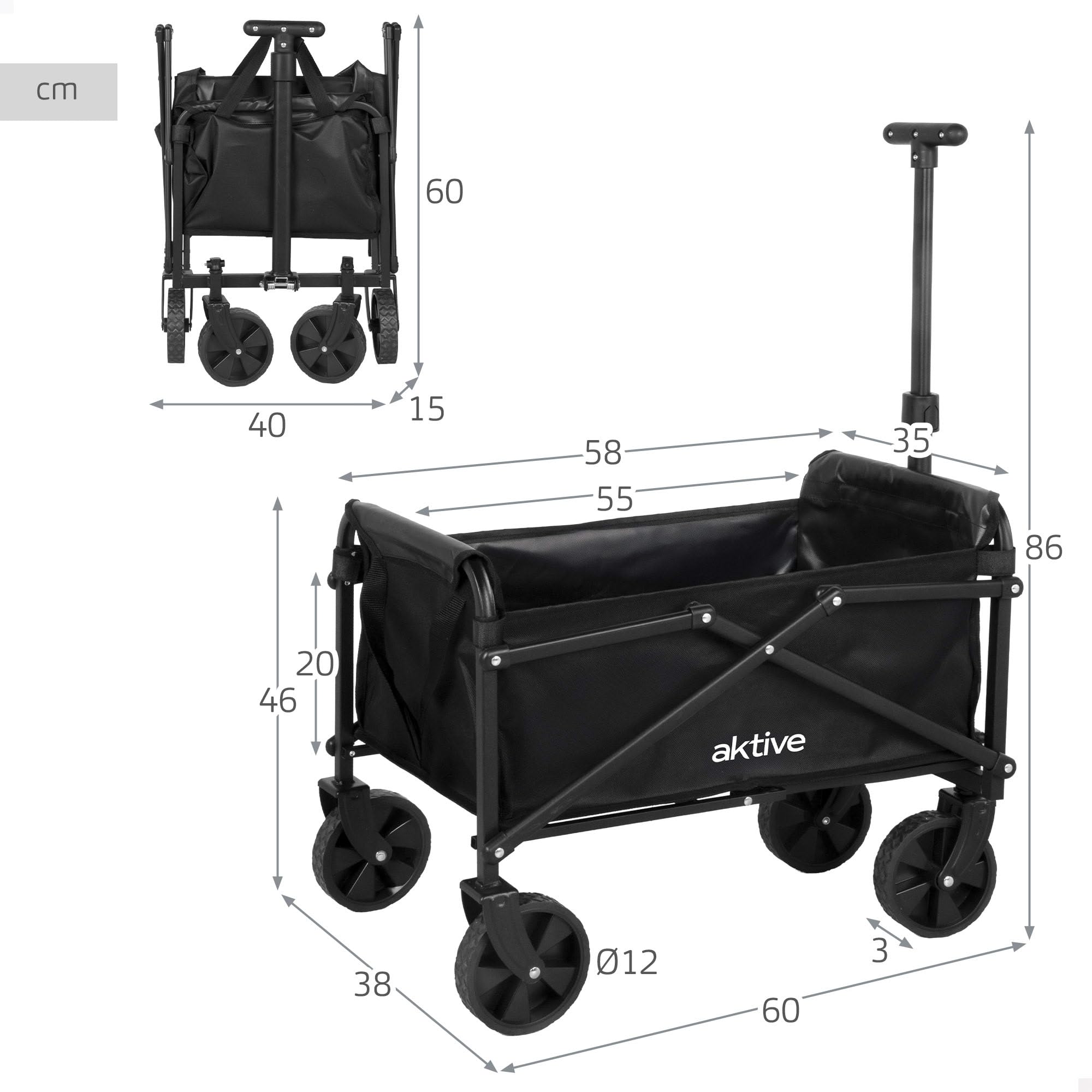 AKTIVE Chariot de Plage léger, Noir, 58x35x86 cm, Pliage en accordéon, Poignée réglable, Capacité de Charge 50 kg, Structure en Acier, Chariot de Transport à roulettes, Chariots (62501)