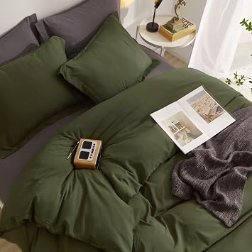 AZMTOP Prewashed Duvet Cover Queen Size 2 Pcs(1 Duvet Cover and 2 Pillow Shams),Washed Cotton Bedding Set for All Seasons,Soft Breathable Comfy Zipper Quilt Covers Forest Green 90X90