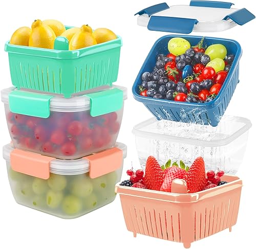Miniatura 14 de Contenedor de almacenamiento de frutas Berry Keeper de 68 onzas para refrigerador, recipientes de alimentos frescos con coladores de drenaje 2