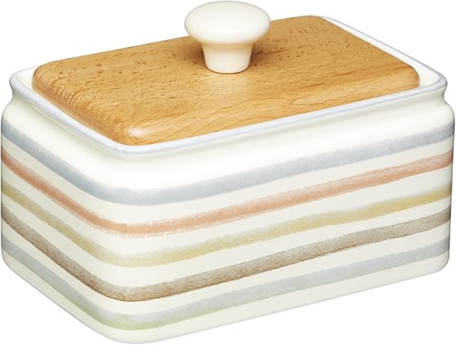 KitchenCraft Classic Collection Striped Ceramic Butter Dish with Lid - Cream