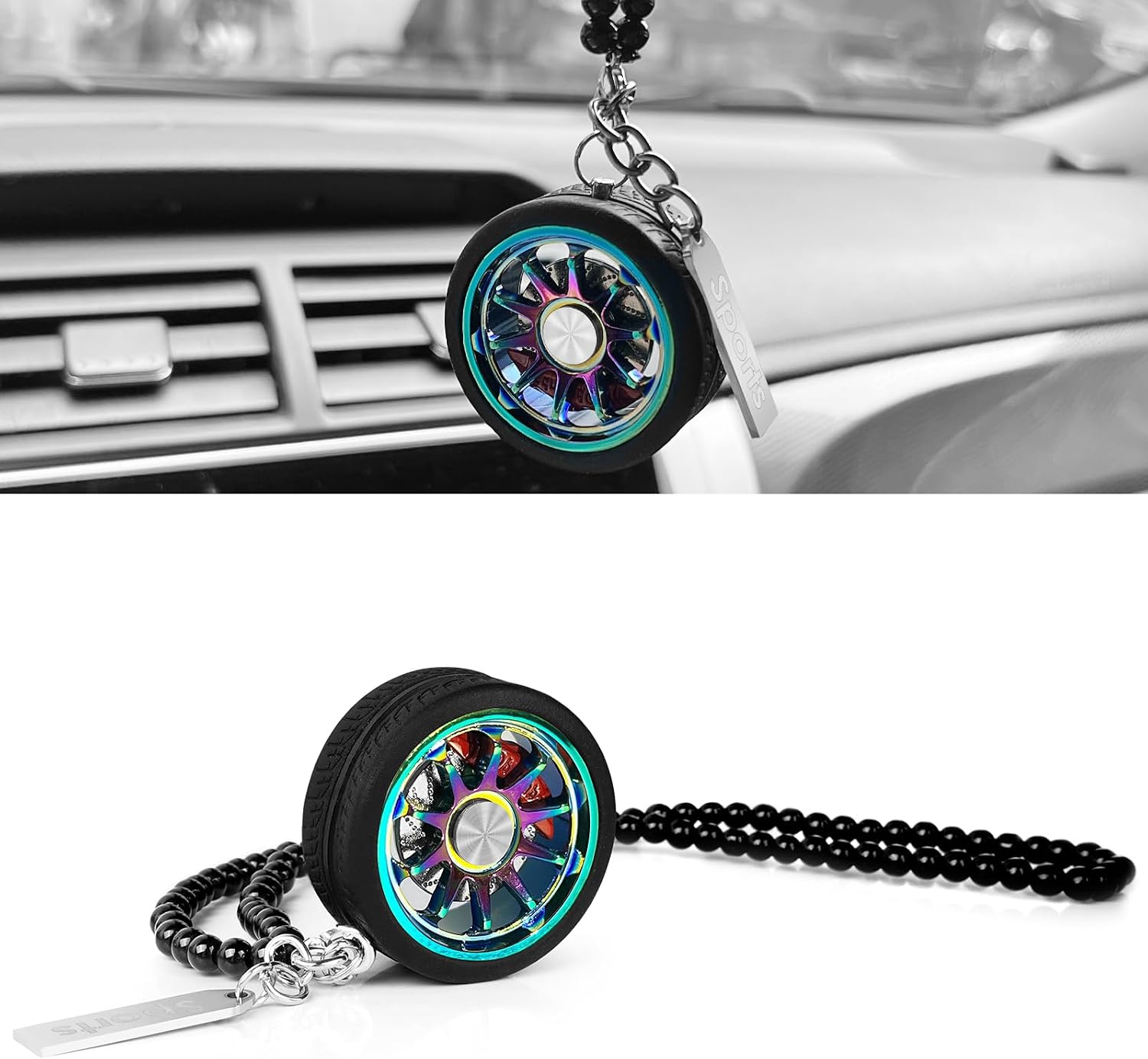 Car Wheel Hub Shape Ornament Rearview Mirror Hanging Rear View Swinging Decorations Pendant Unique Decor Turck Decoration Interior Ornaments Zinc Alloy Charms Accessories (Colorful)